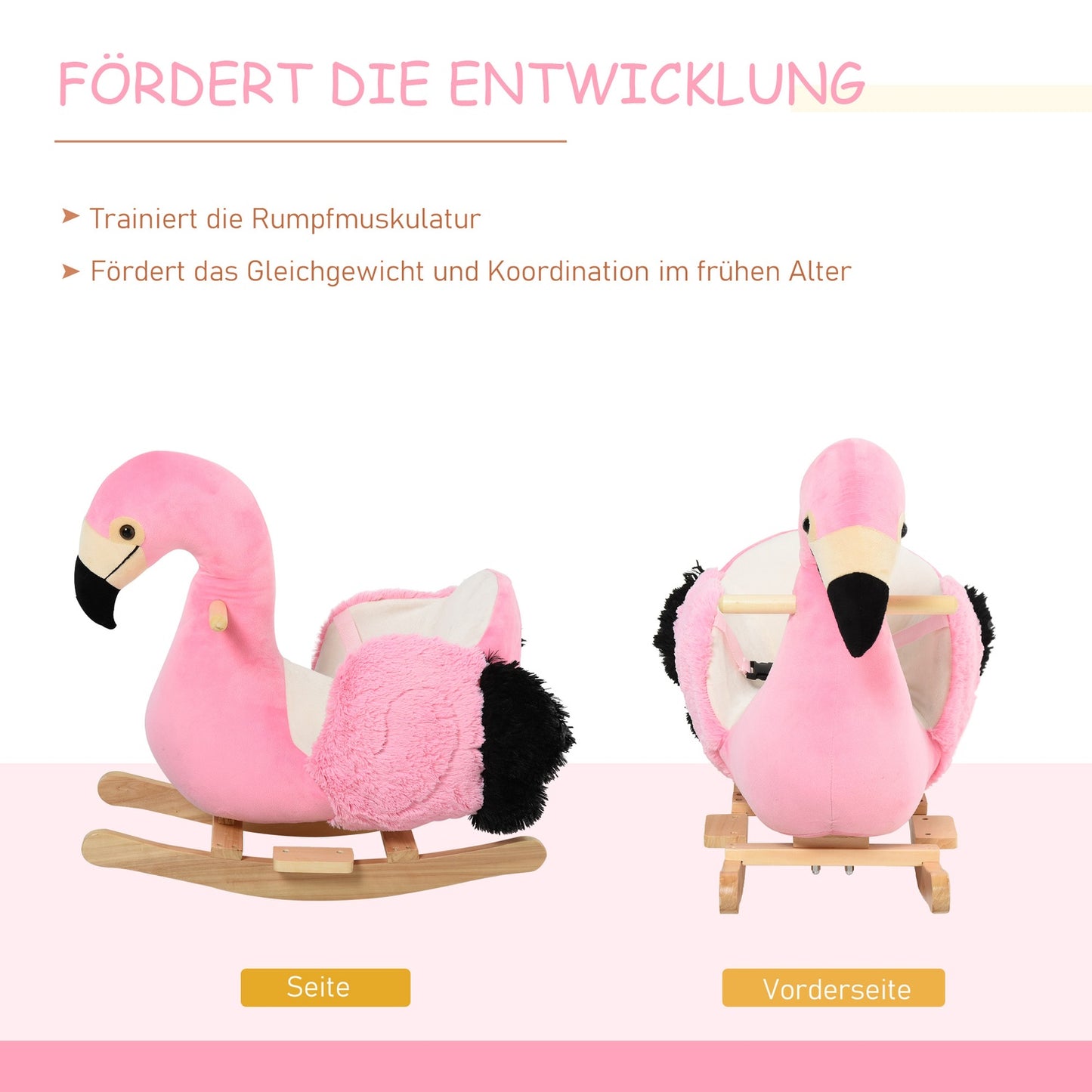 Flamingo rocking horse toy, plush with safety belt, 60 cm