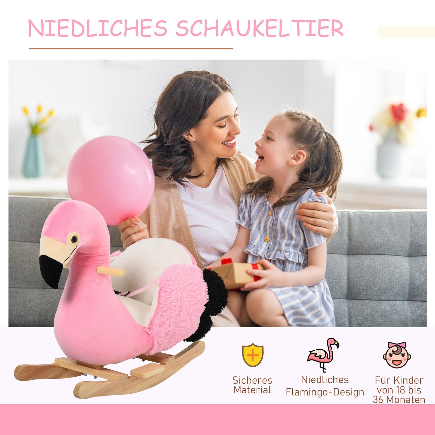 Flamingo rocking horse toy, plush with safety belt, 60 cm