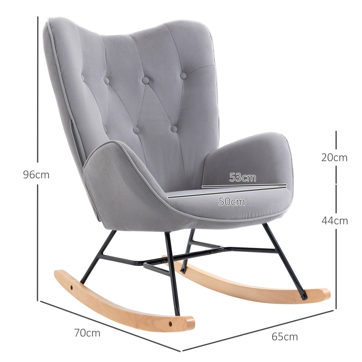 Ergonomic rocking chair in velvet look, 150 kg capacity, light grey