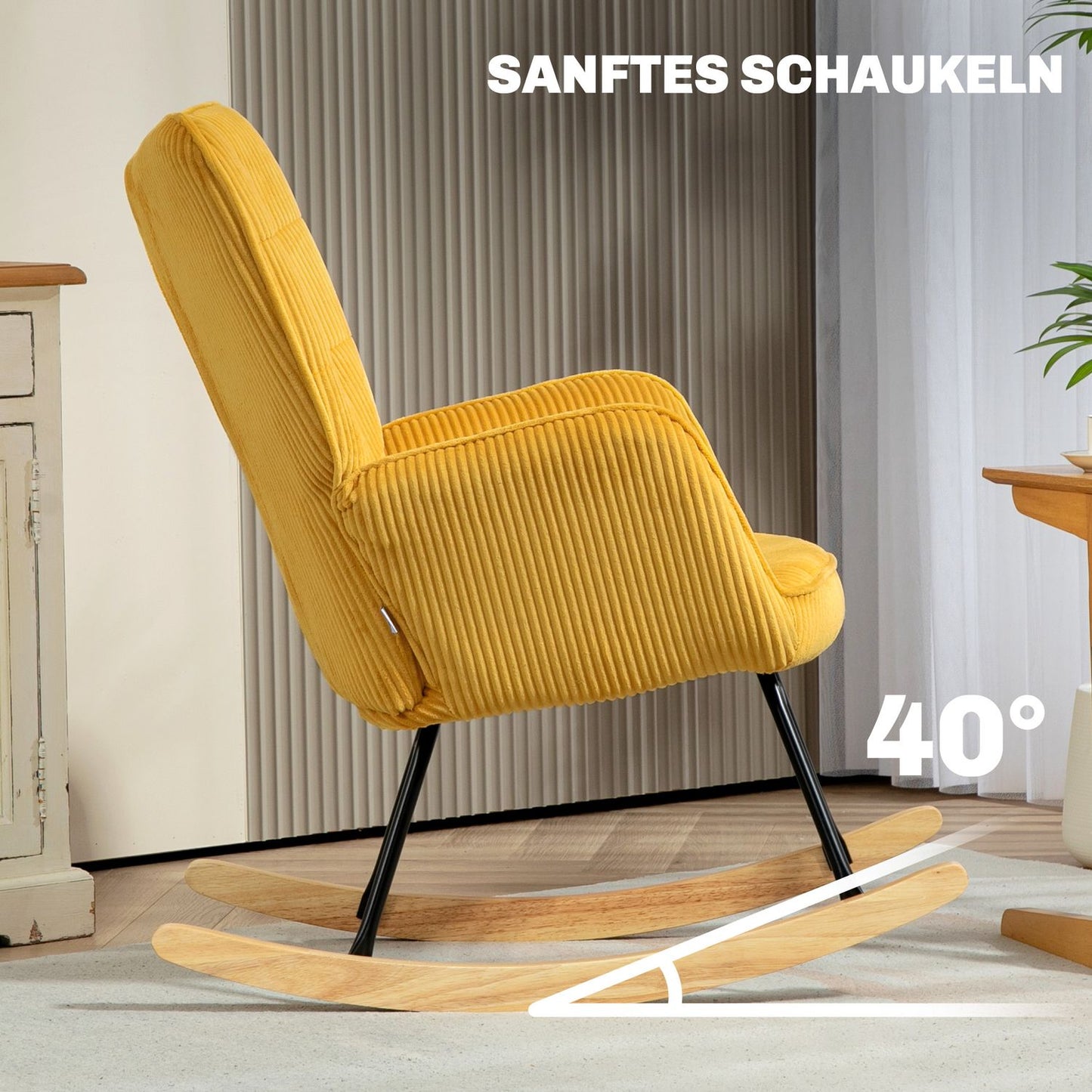 Yellow rocking chair with armrests & wooden runners