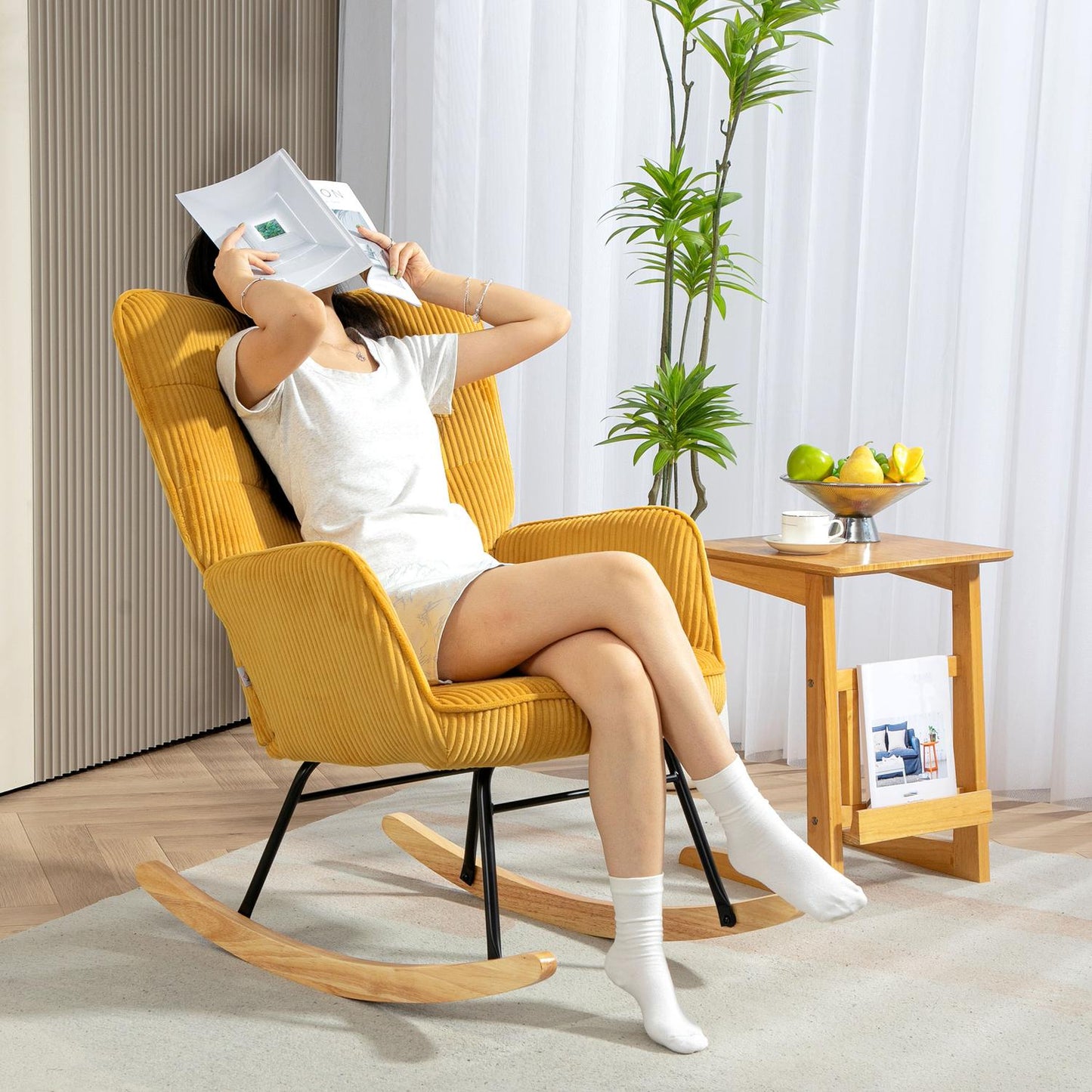 Yellow rocking chair with armrests & wooden runners