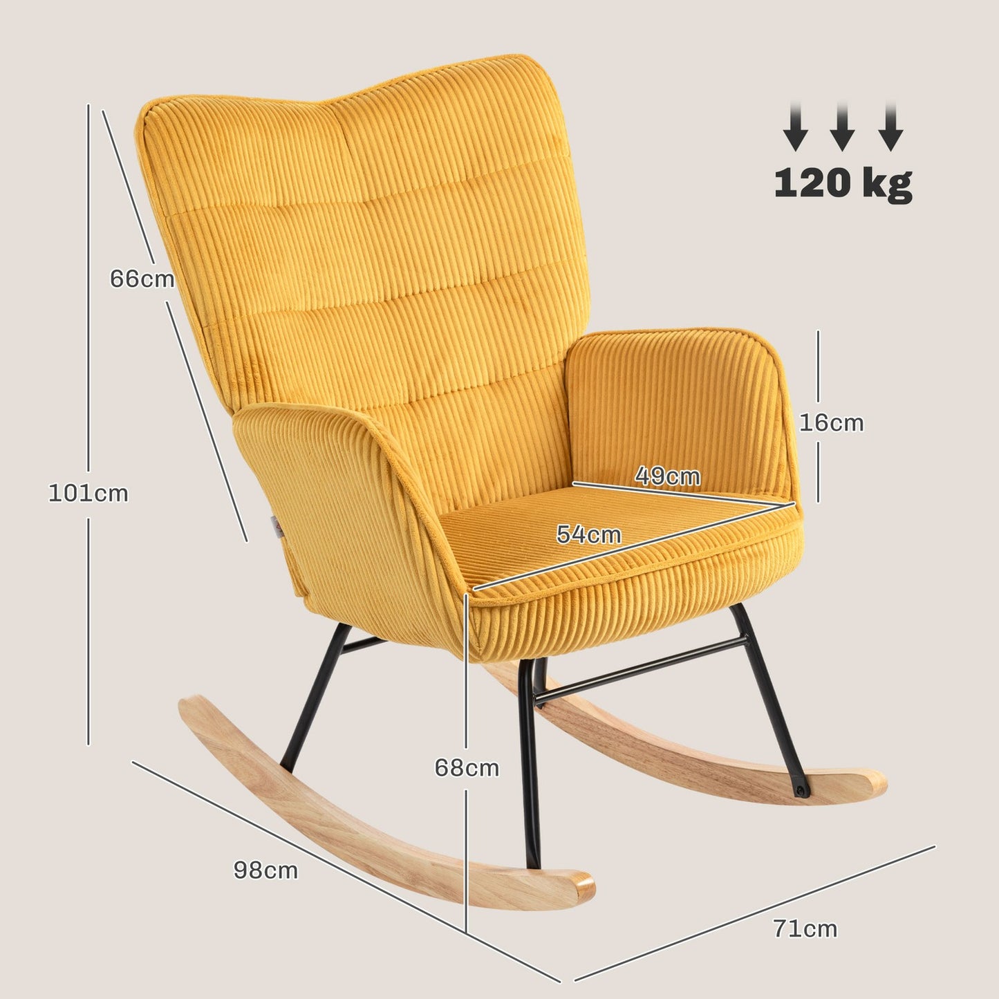 Yellow rocking chair with armrests & wooden runners