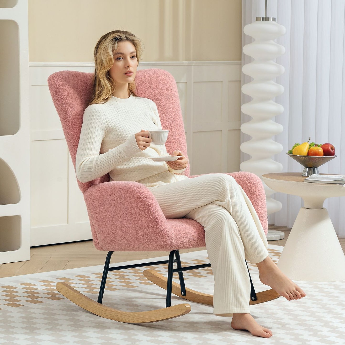Pink velvet rocking chair with armrests - wooden base