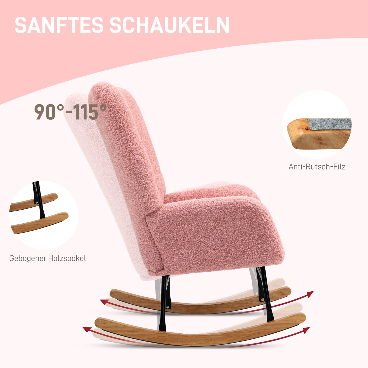 Pink velvet rocking chair with armrests - wooden base