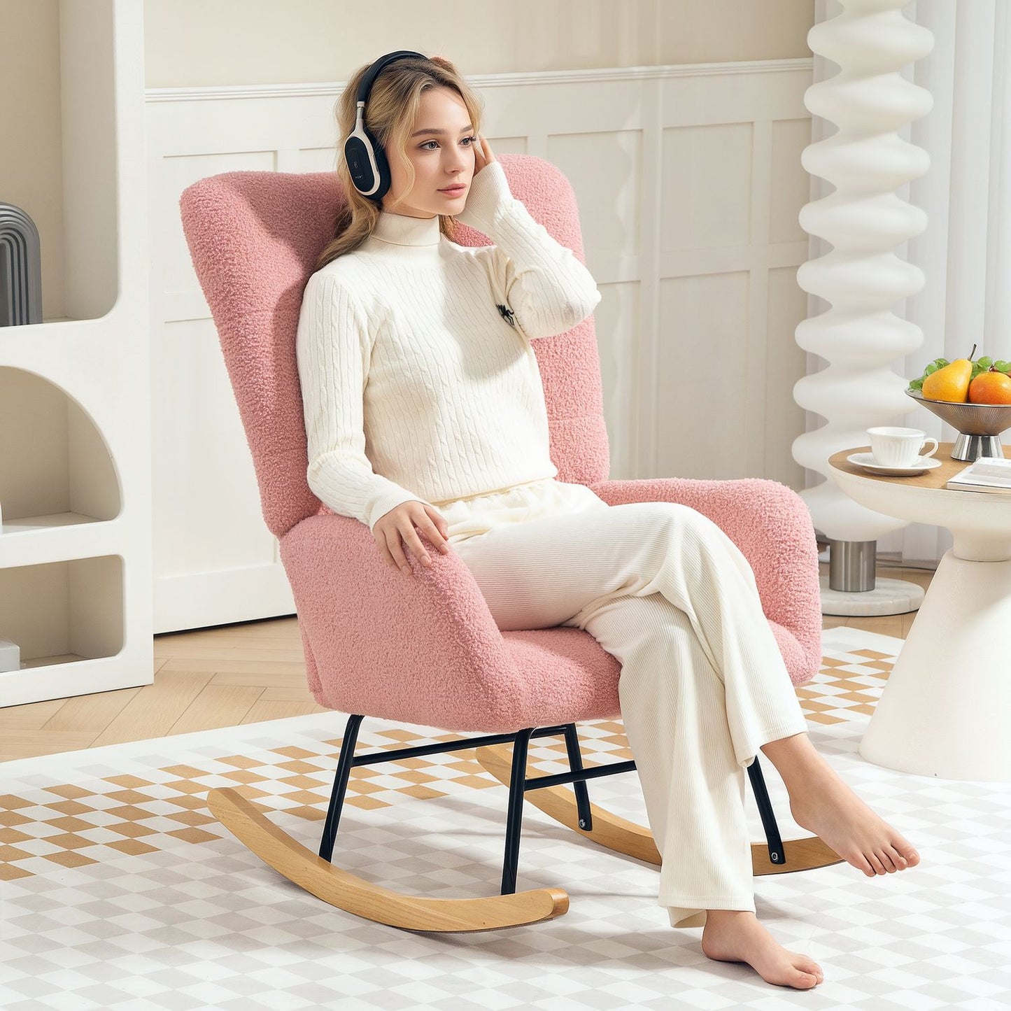 Pink velvet rocking chair with armrests - wooden base