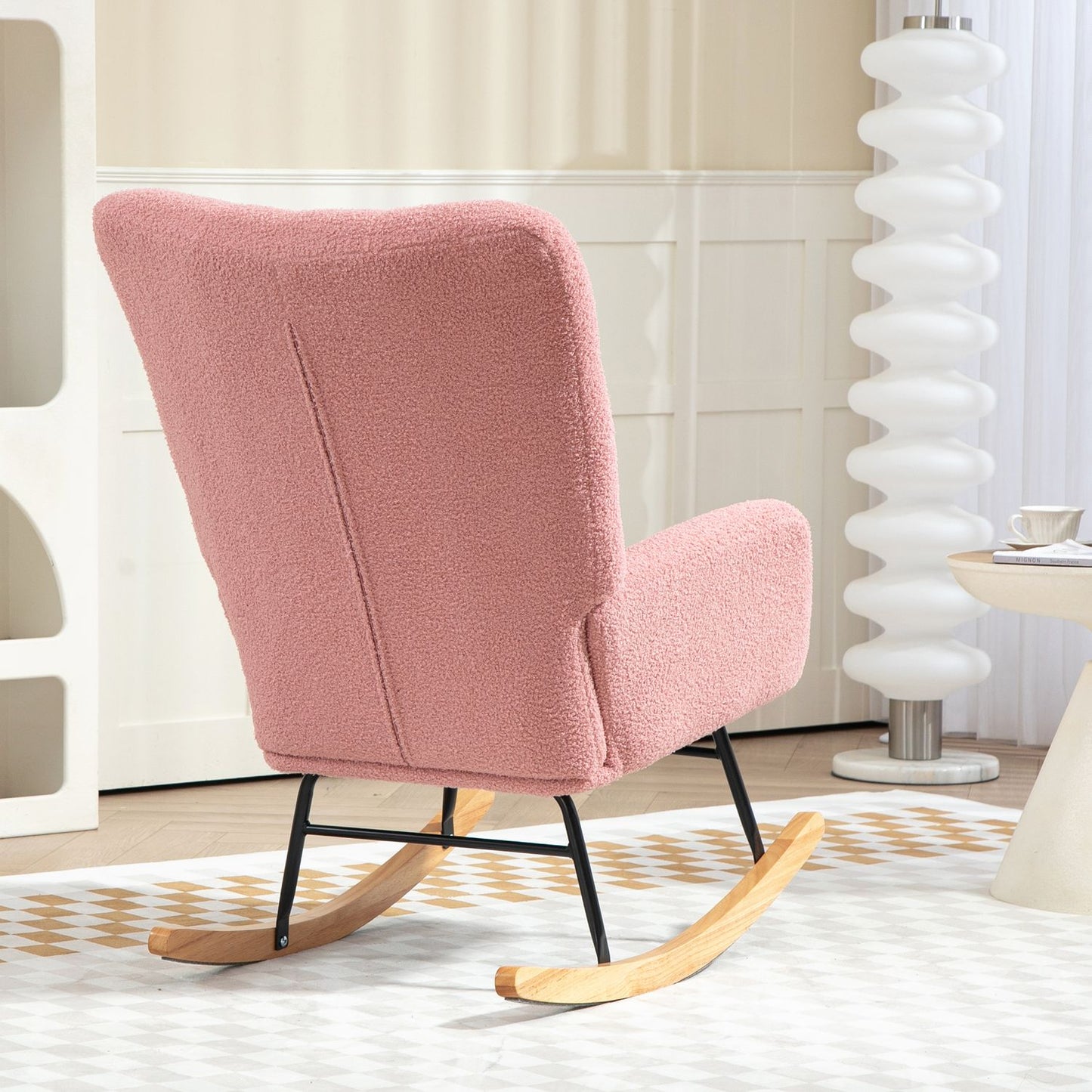 Pink velvet rocking chair with armrests - wooden base