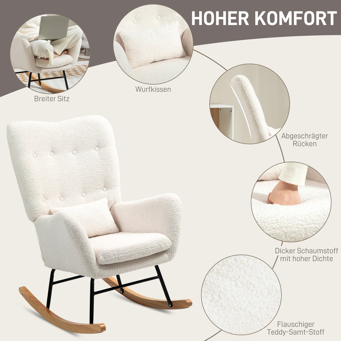 Creamy white rocking chair with armrests & cushion