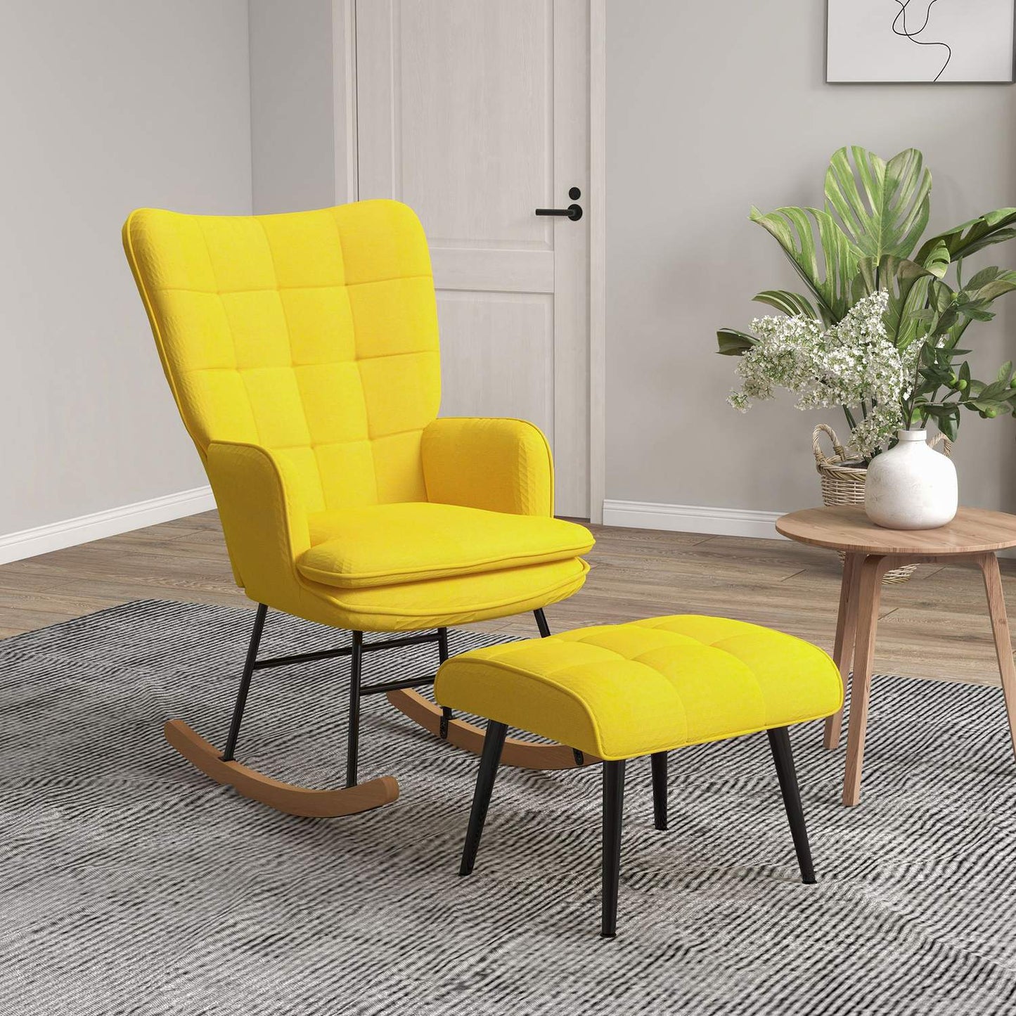 Beige rocking chair in linen look with ottoman, 130 kg Capacity
