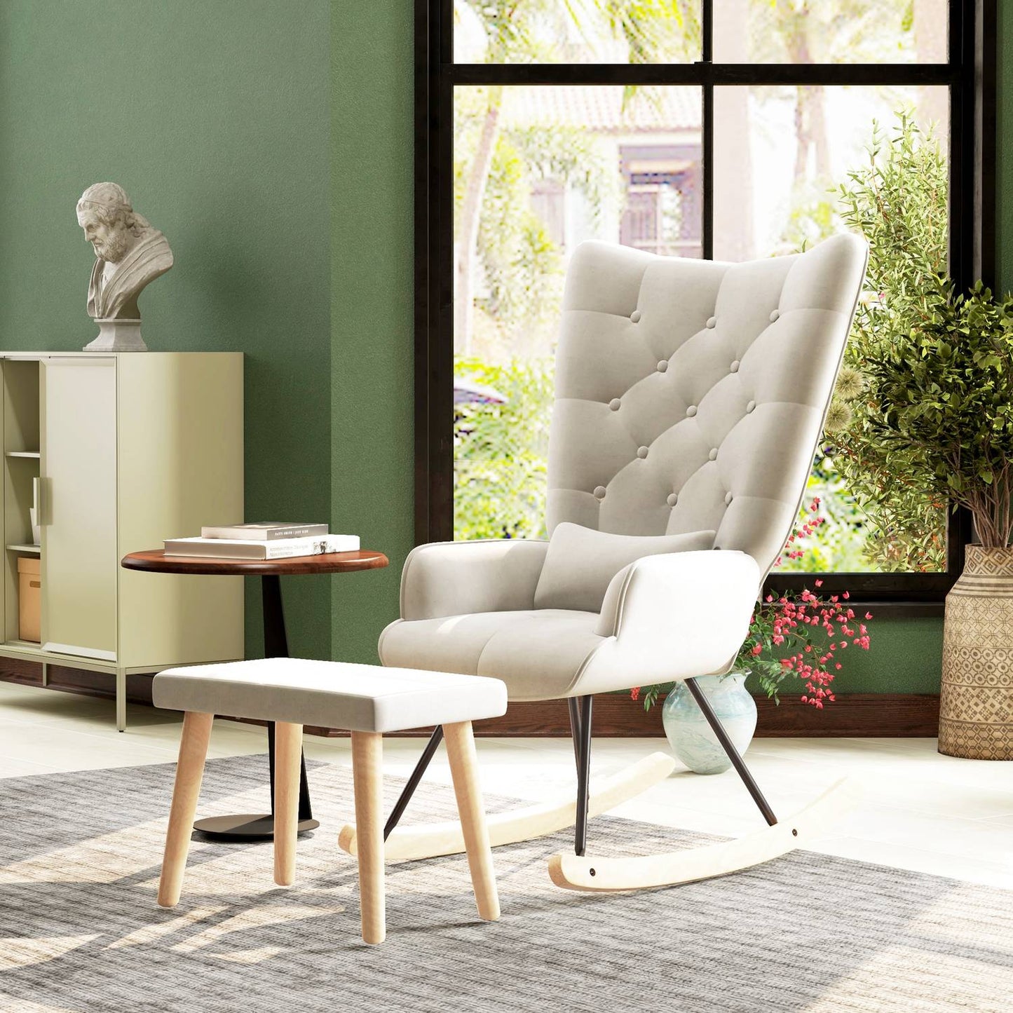 Rocking chair in velvet with cushion and stool, cream white
