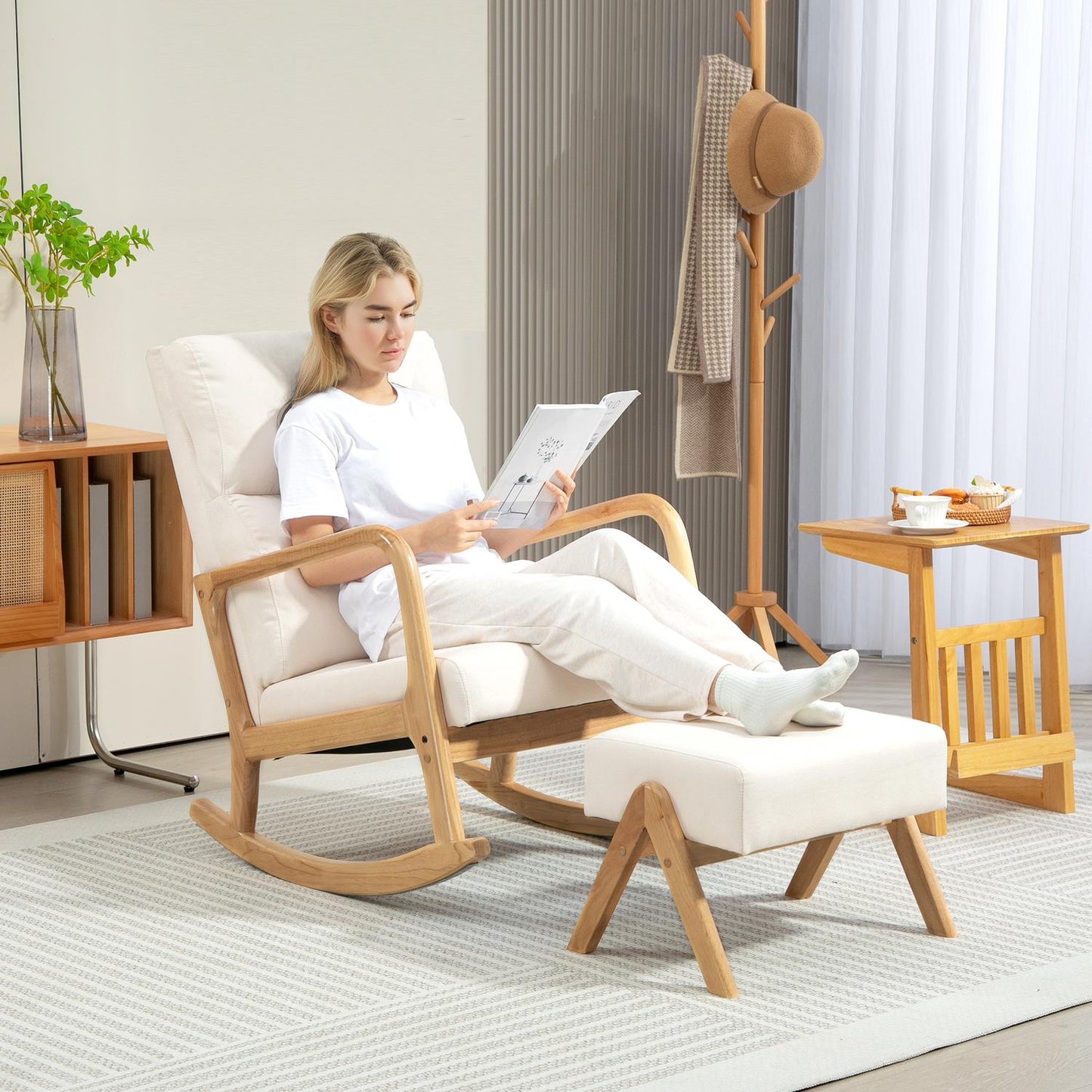 Rocking chair in cream white linen look with stool - 150 kg capacity