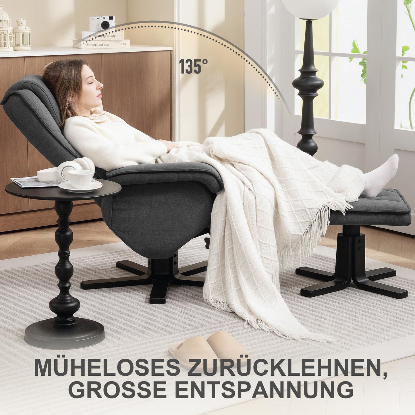 Recliner Chair with Footstool, Velvet-Look, Swivel, Grey