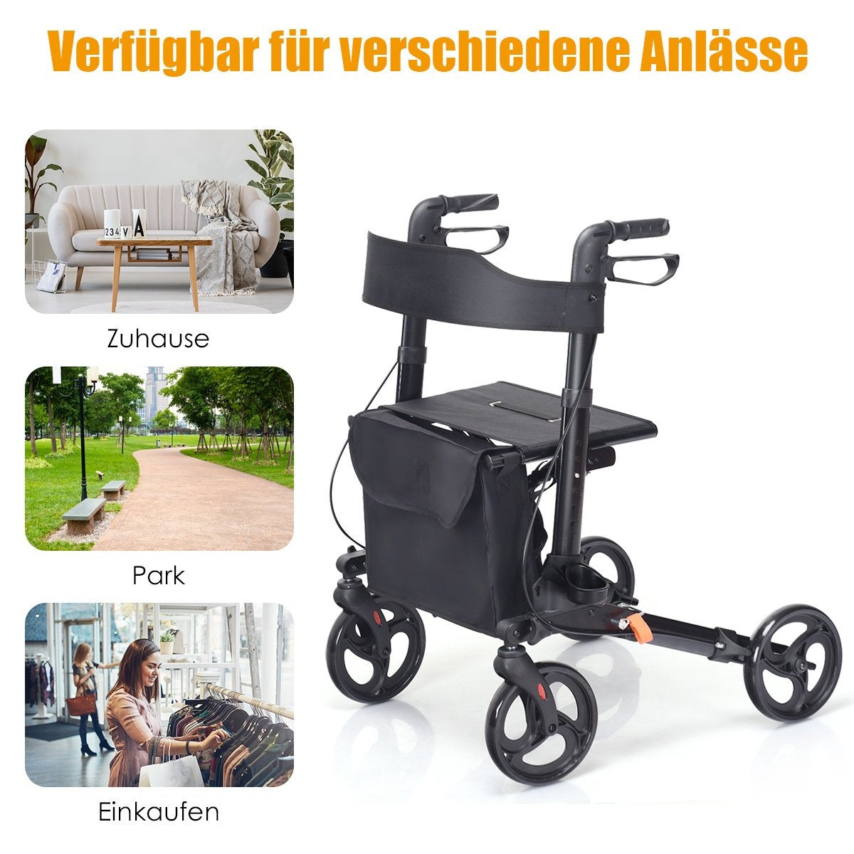 Rollator, foldable travel rollator, lightweight with seat, height-adjustable handle and bag, black