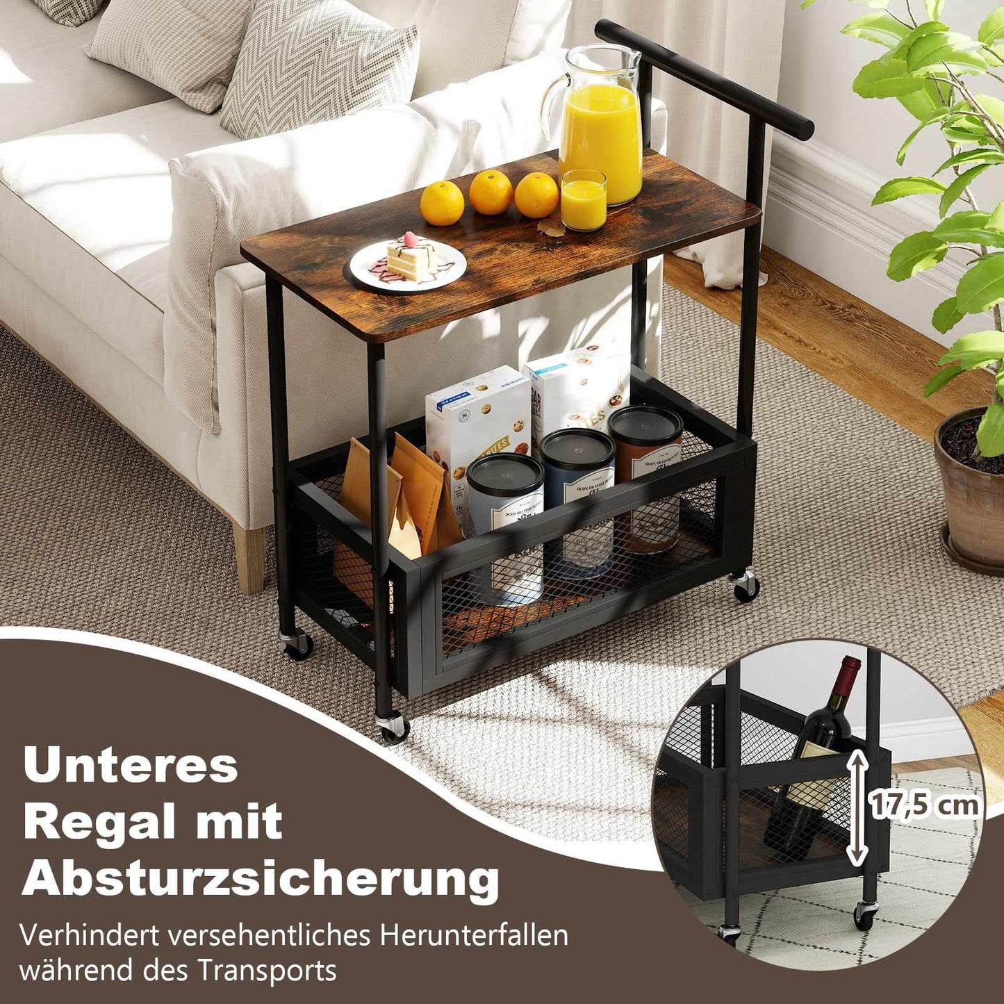 Rolling Side Table with Handle, 2-Tier Storage, Black