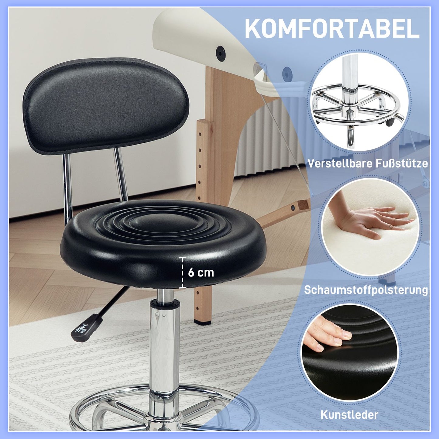 Adjustable rolling stool with backrest and wheels, black