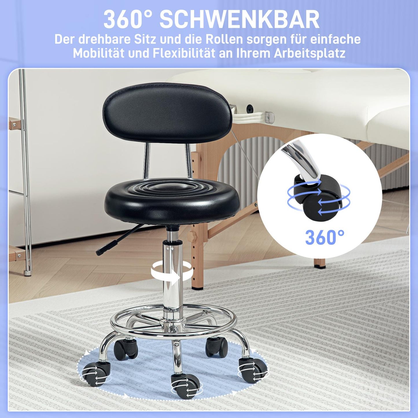 Adjustable rolling stool with backrest and wheels, black
