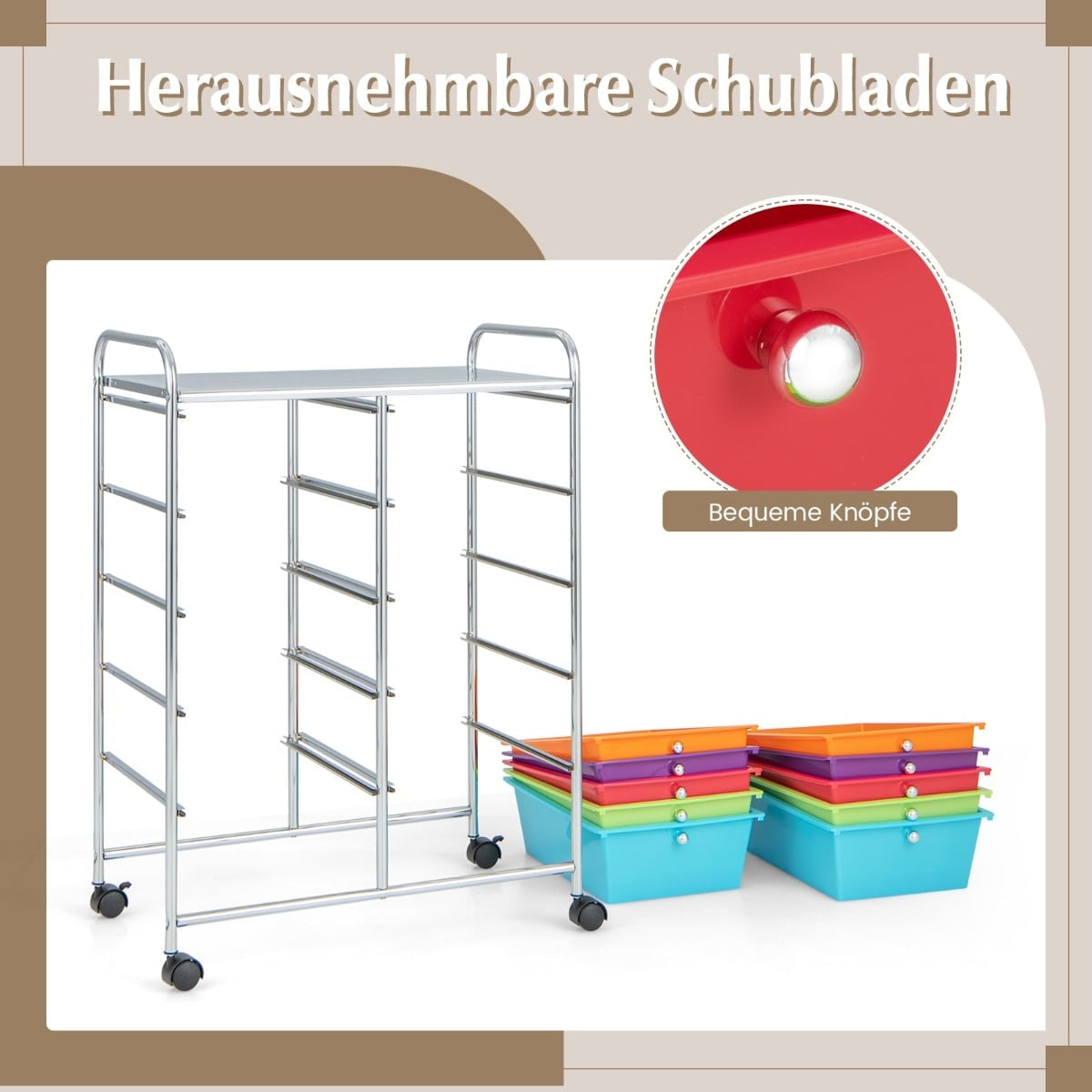 Rolling Storage Cart with 10 Drawers, Lockable Wheels