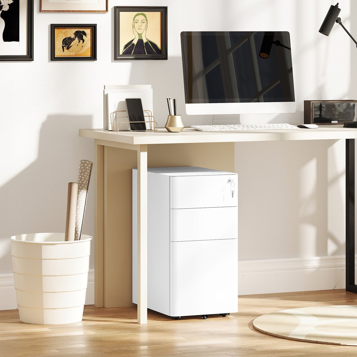 White mobile filing cabinet in steel with 3 lockable drawers