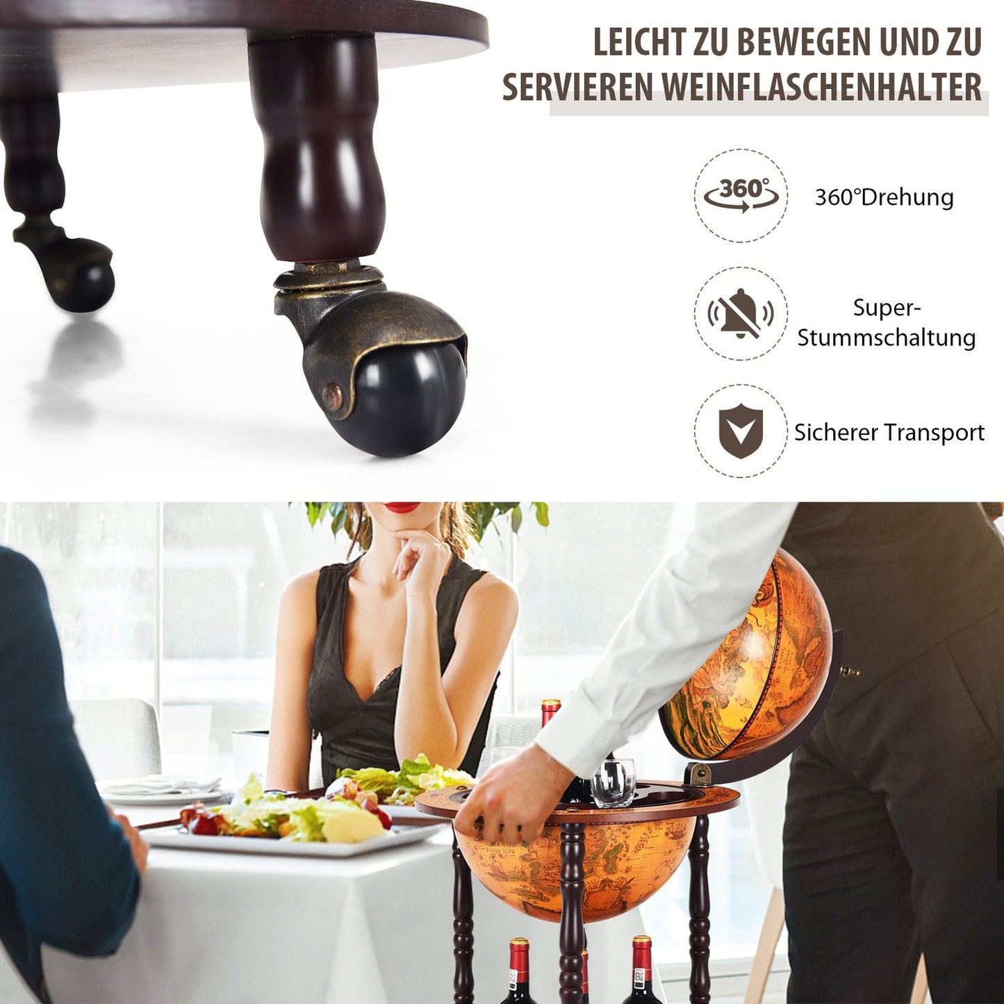 Rolling globe wine stand Globe Bar on wheels for wine 47 x 47 x 90 cm brown