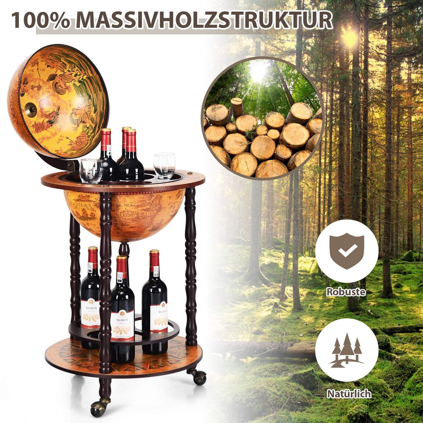 Rolling globe wine stand Globe Bar on wheels for wine 47 x 47 x 90 cm brown