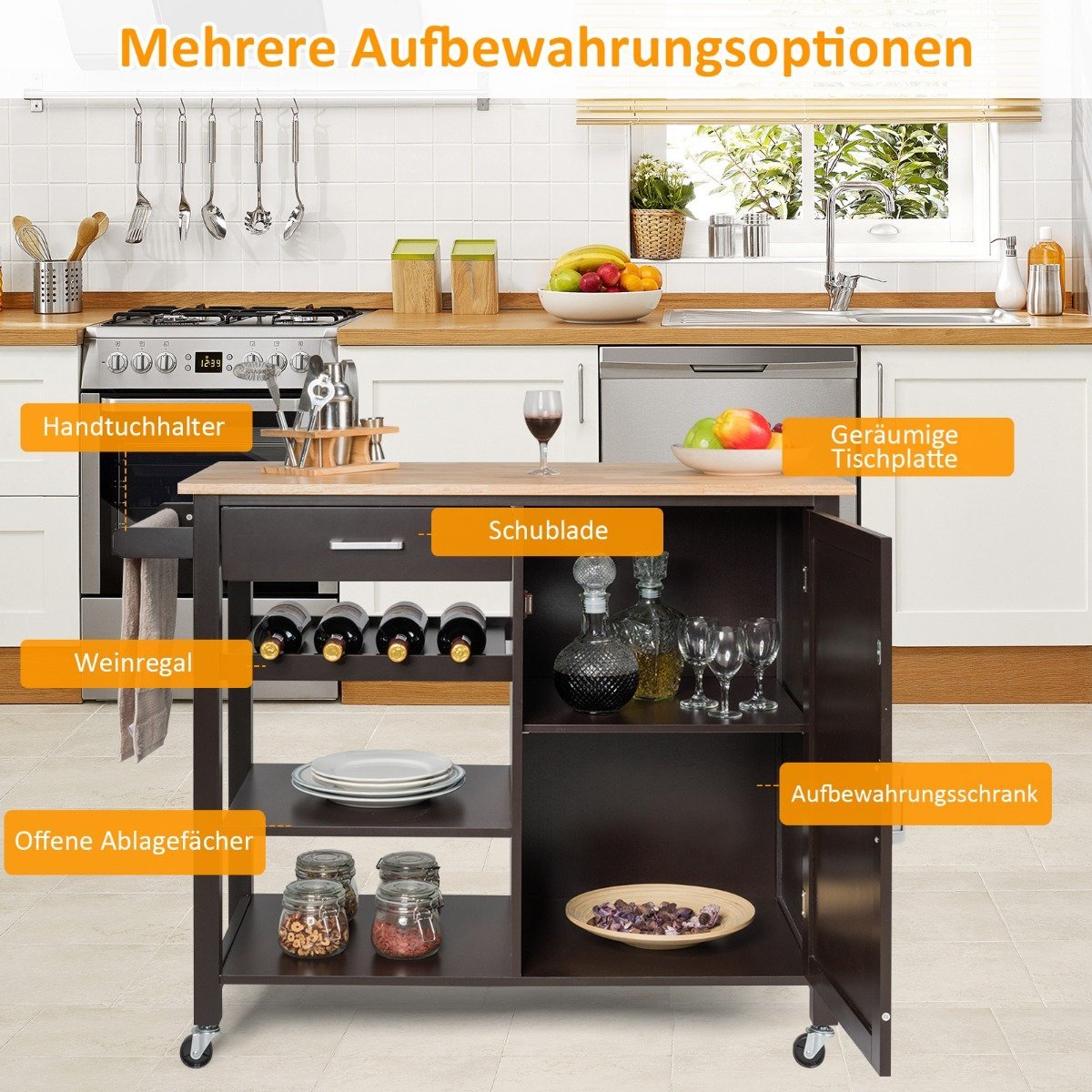 Rolling kitchen trolley Mobile kitchen island with drawer 100 x 48 x 90 cm brown