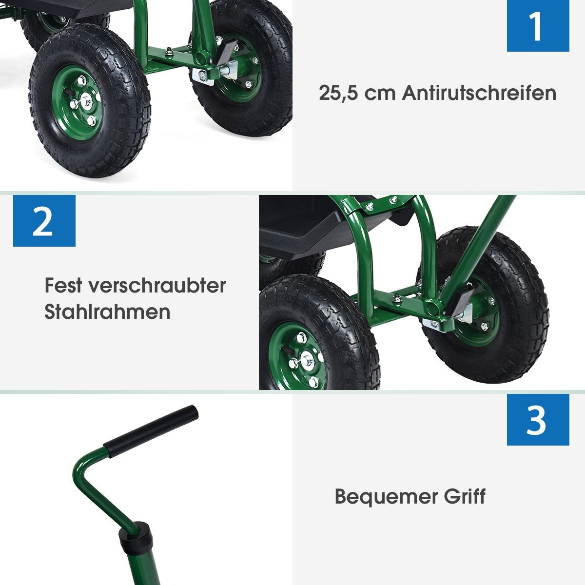 Rolling seat with wheels & Extendable handle & Basket 360° rotating garden cart garden seat 96.5 x 47.5 x 47-55 cm