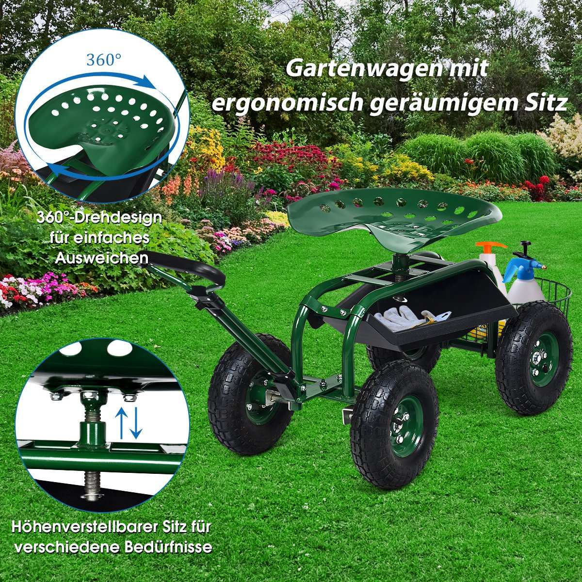 Rolling seat with wheels & Extendable handle & Basket 360° rotating garden cart garden seat 96.5 x 48.5 x 45.5-54.5 cm