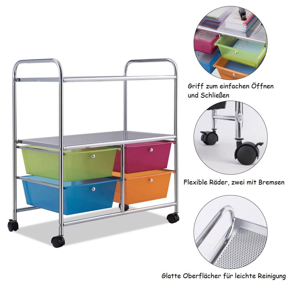 Rolling trolley 4 drawers bathroom rolling container kitchen trolley with wheels 58.5 x 37 x 75 cm colorful