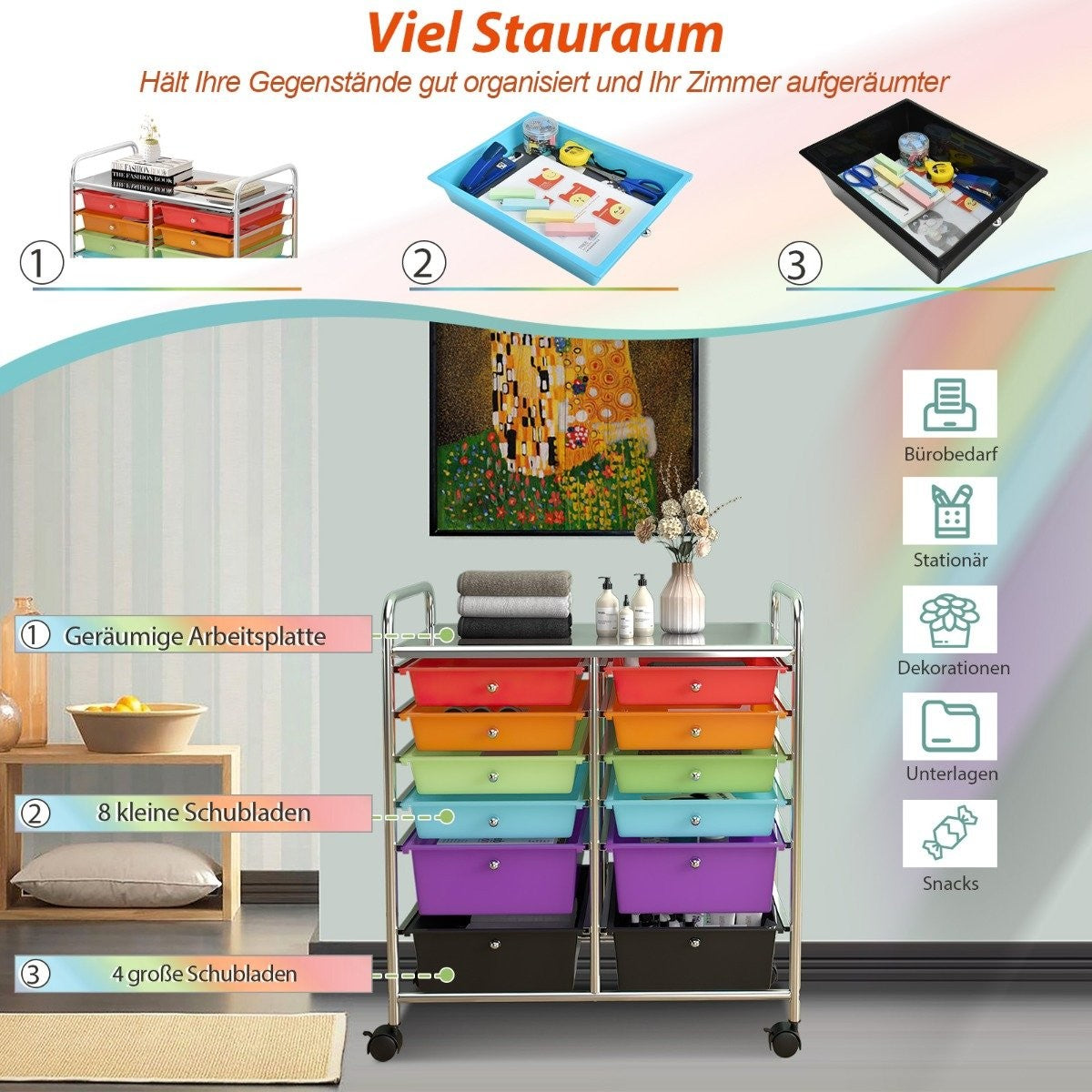 Rolling trolley metal frame rolling container 12 drawers bathroom trolley with brakes multicolored