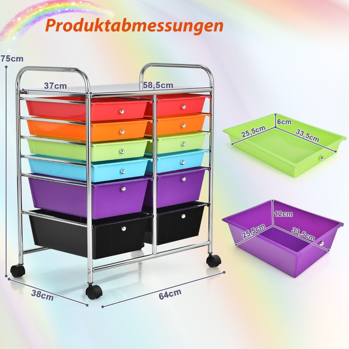 Rolling trolley metal frame rolling container 12 drawers bathroom trolley with brakes multicolored
