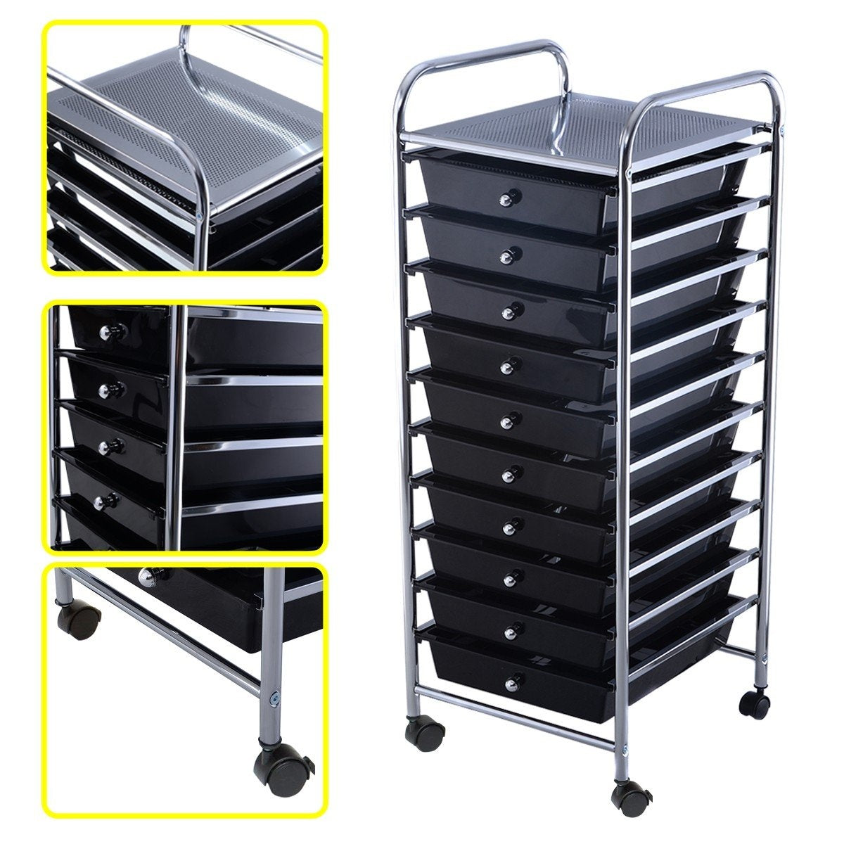 Rolling trolley, rolling container, bathroom trolley, bathroom trolley, side trolley with 10 drawers, black