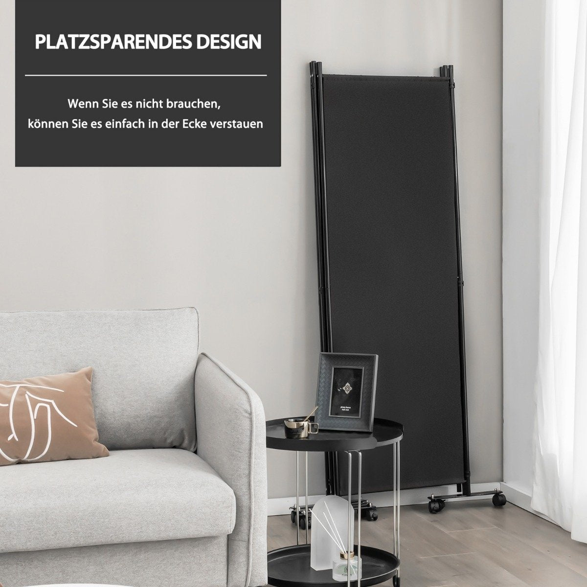 Room Divider with 4 Panels on Wheels 173cm Tall Rollable Privacy Screen Black
