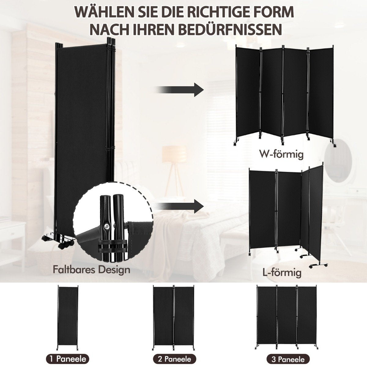 Room Divider with 4 Panels on Wheels 173cm Tall Rollable Privacy Screen Black