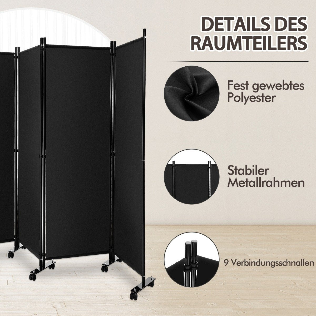 Room Divider with 4 Panels on Wheels 173cm Tall Rollable Privacy Screen Black