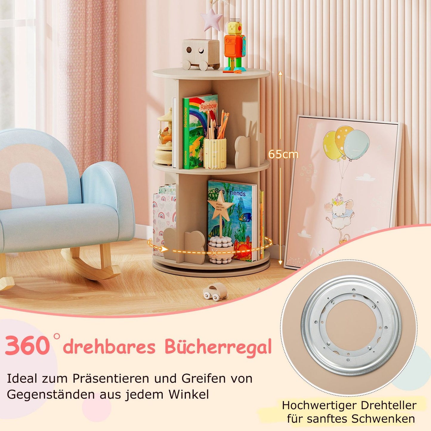 Rotating Kids Bookshelf – 2-Tier, Bunny Dividers, 360° Access