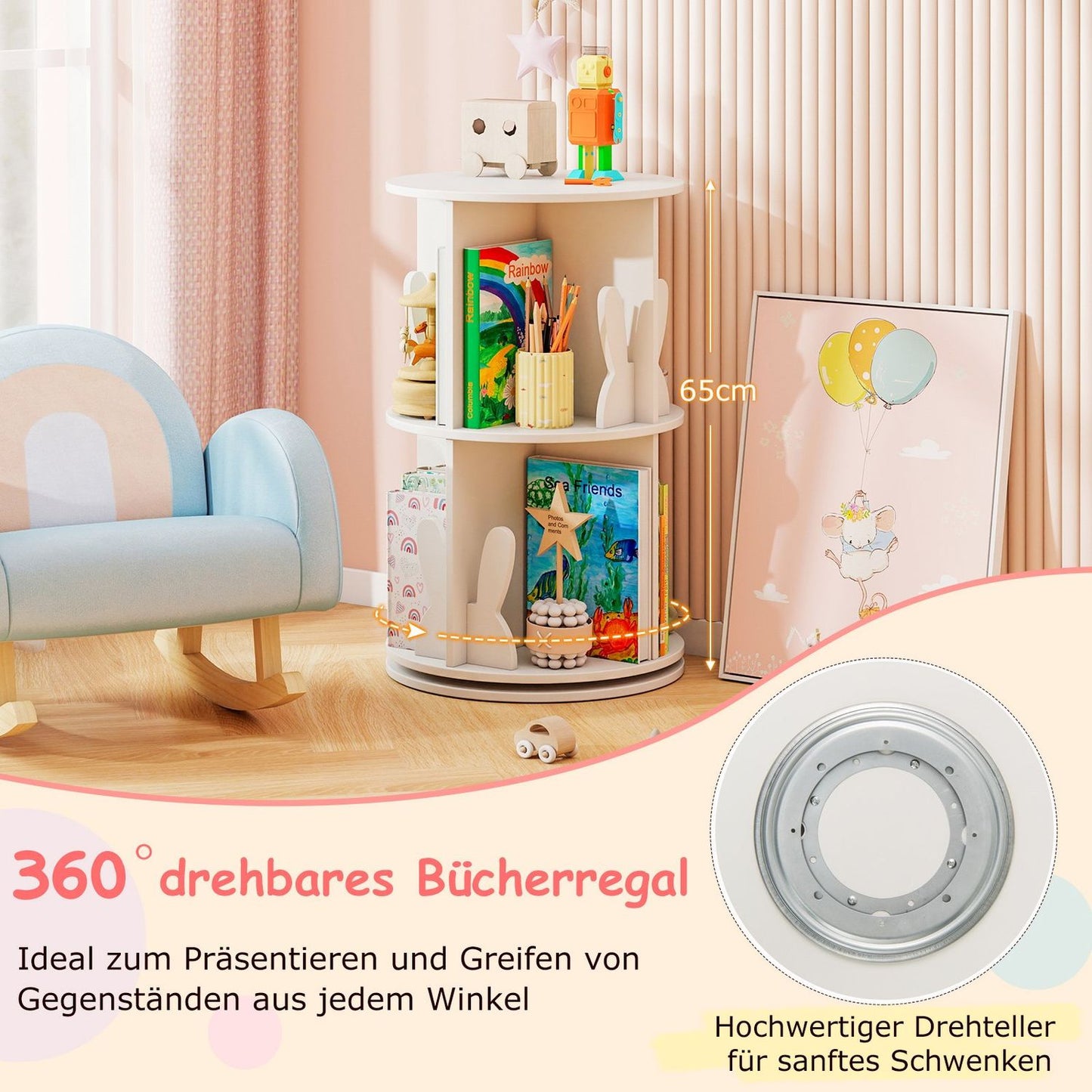 Rotating Kids Bookshelf with 2-Tier Bunny Dividers, 360° 40x40x65cm