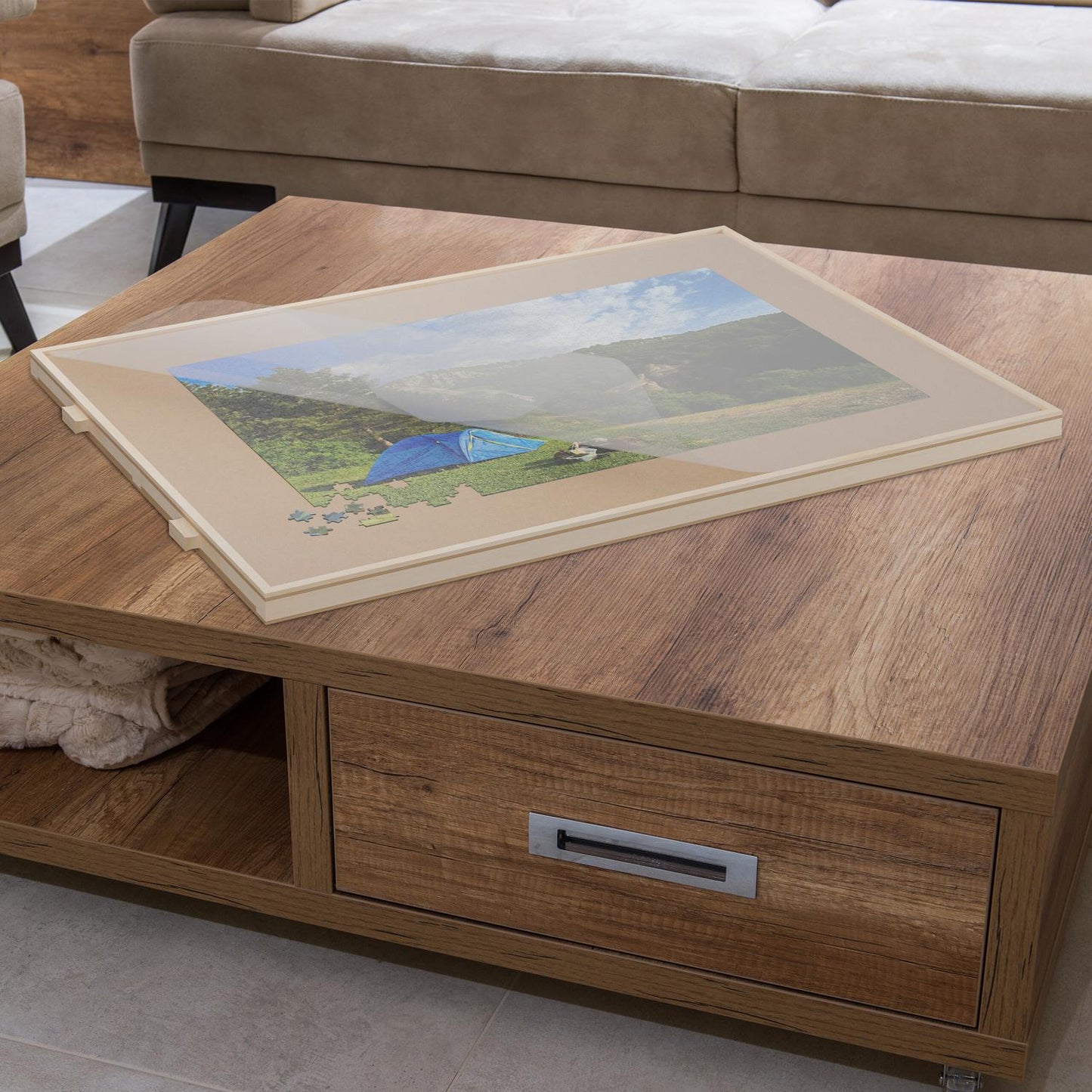 Rotating puzzle board with 4 drawers