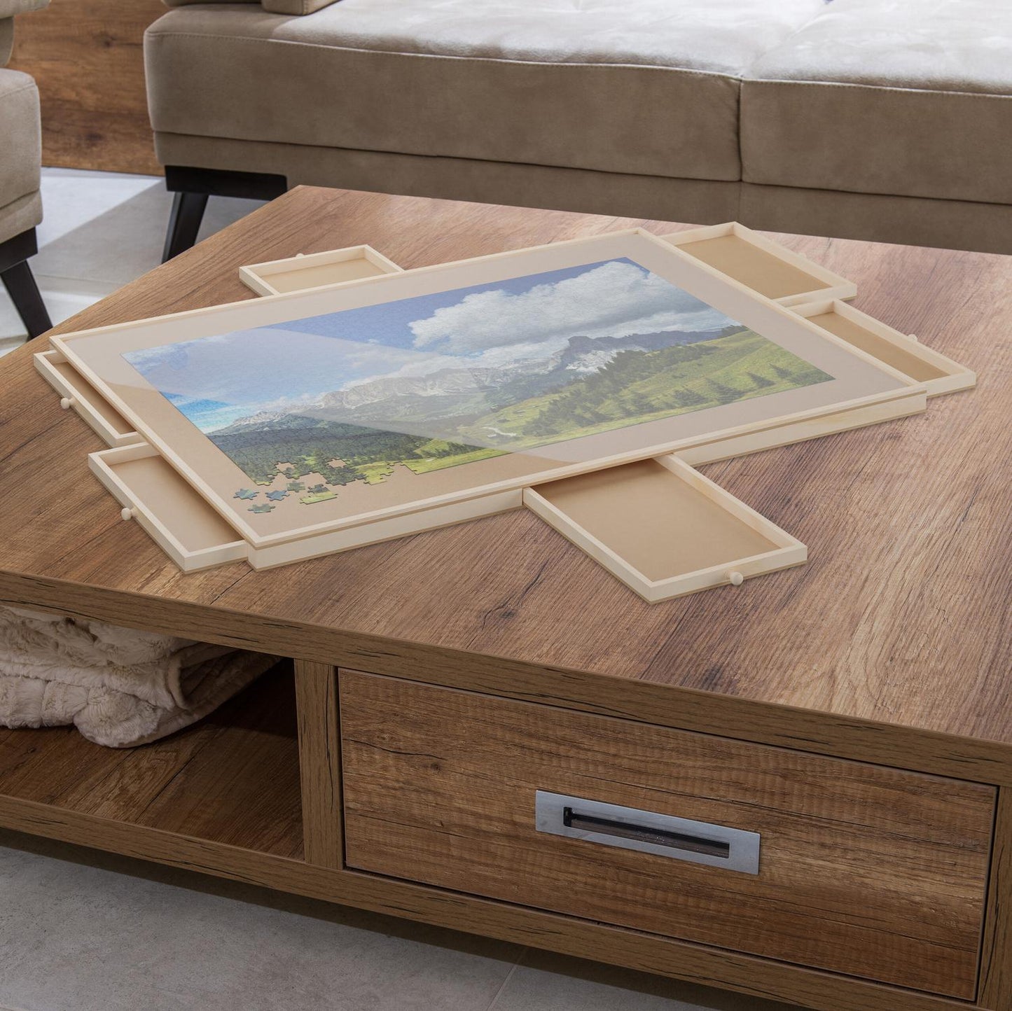 Rotating puzzle board with 6 drawers