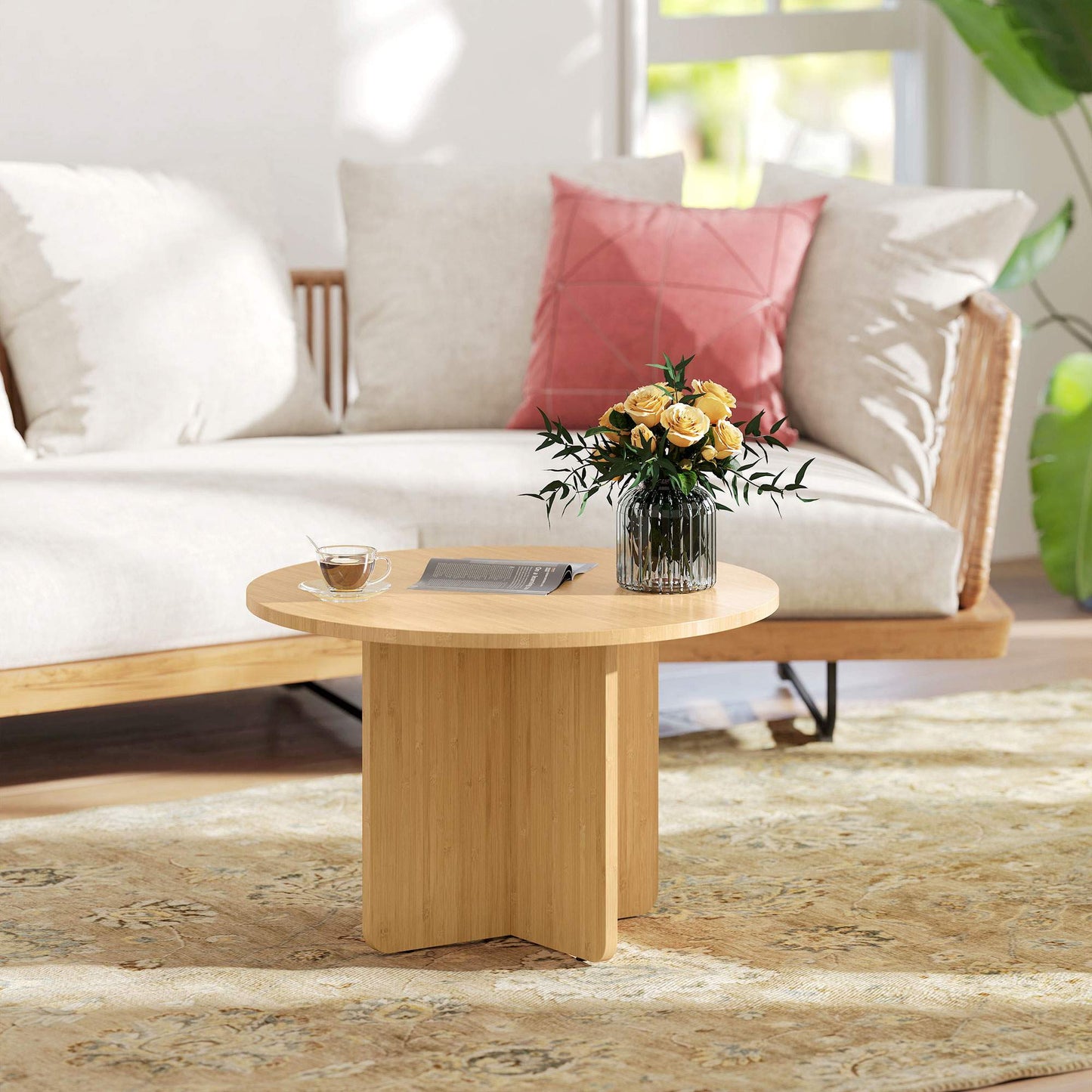 Round Bamboo Coffee Table, Natural Finish, 120kg Capacity