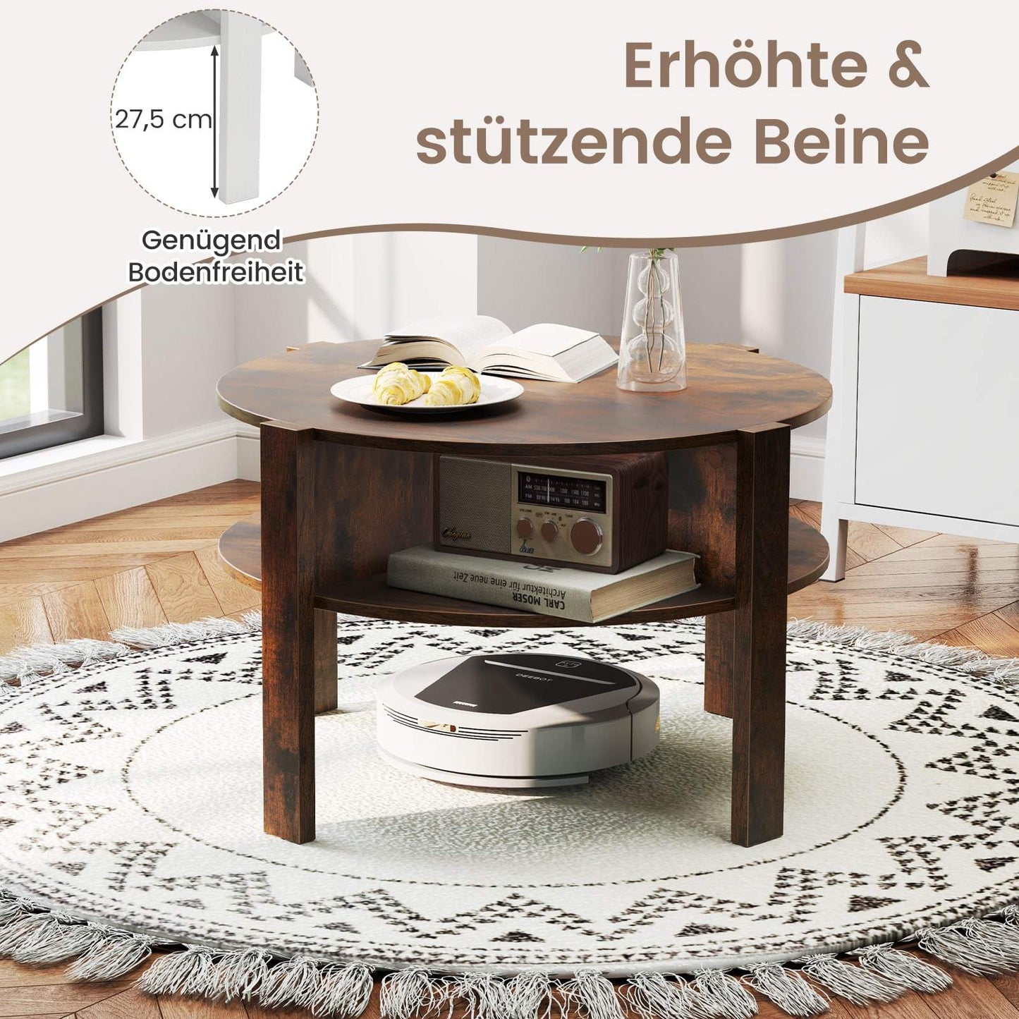 Round Coffee Table with Storage, Wood, 4 Shelves, Brown