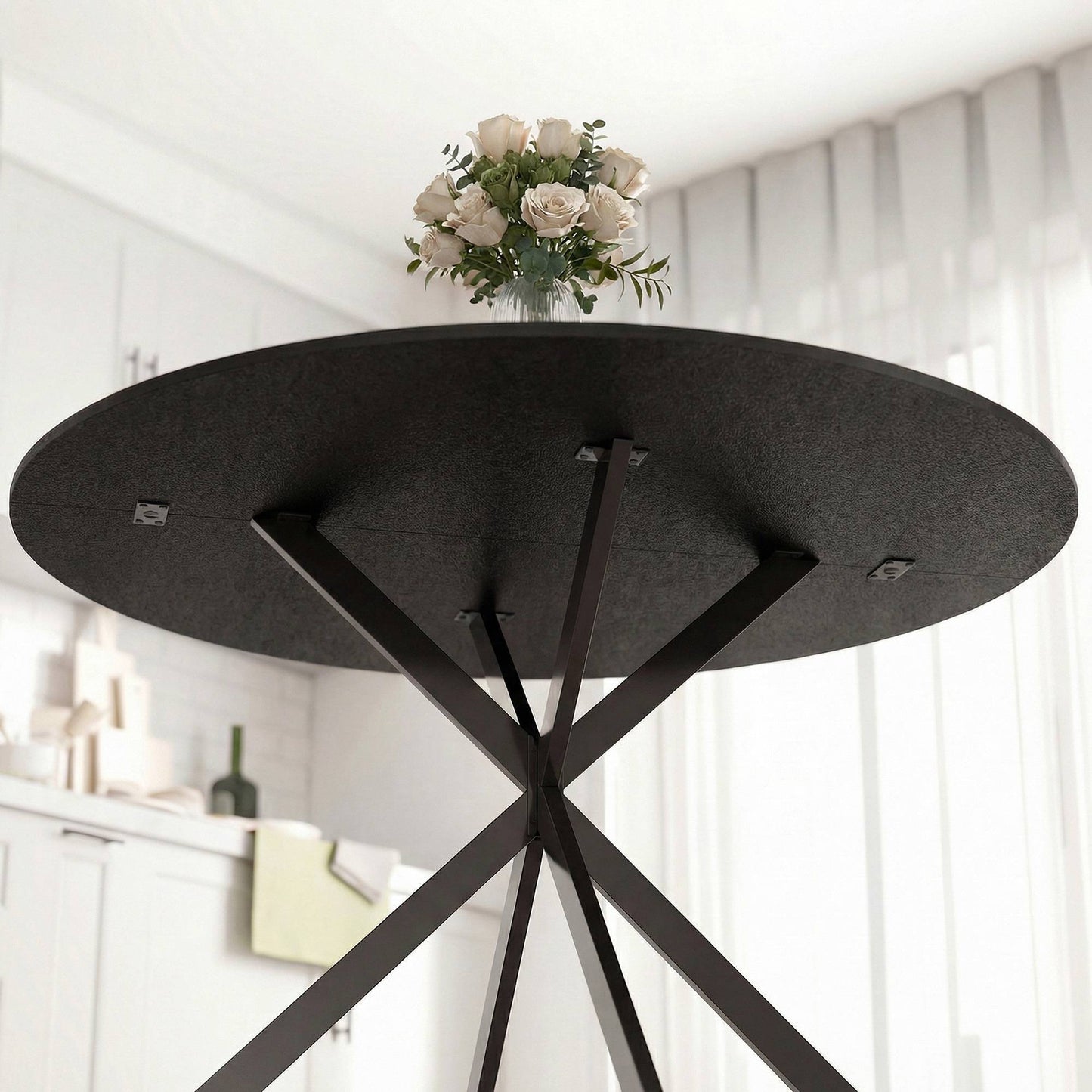 Round Dining Table for 4, Industrial Style, Black