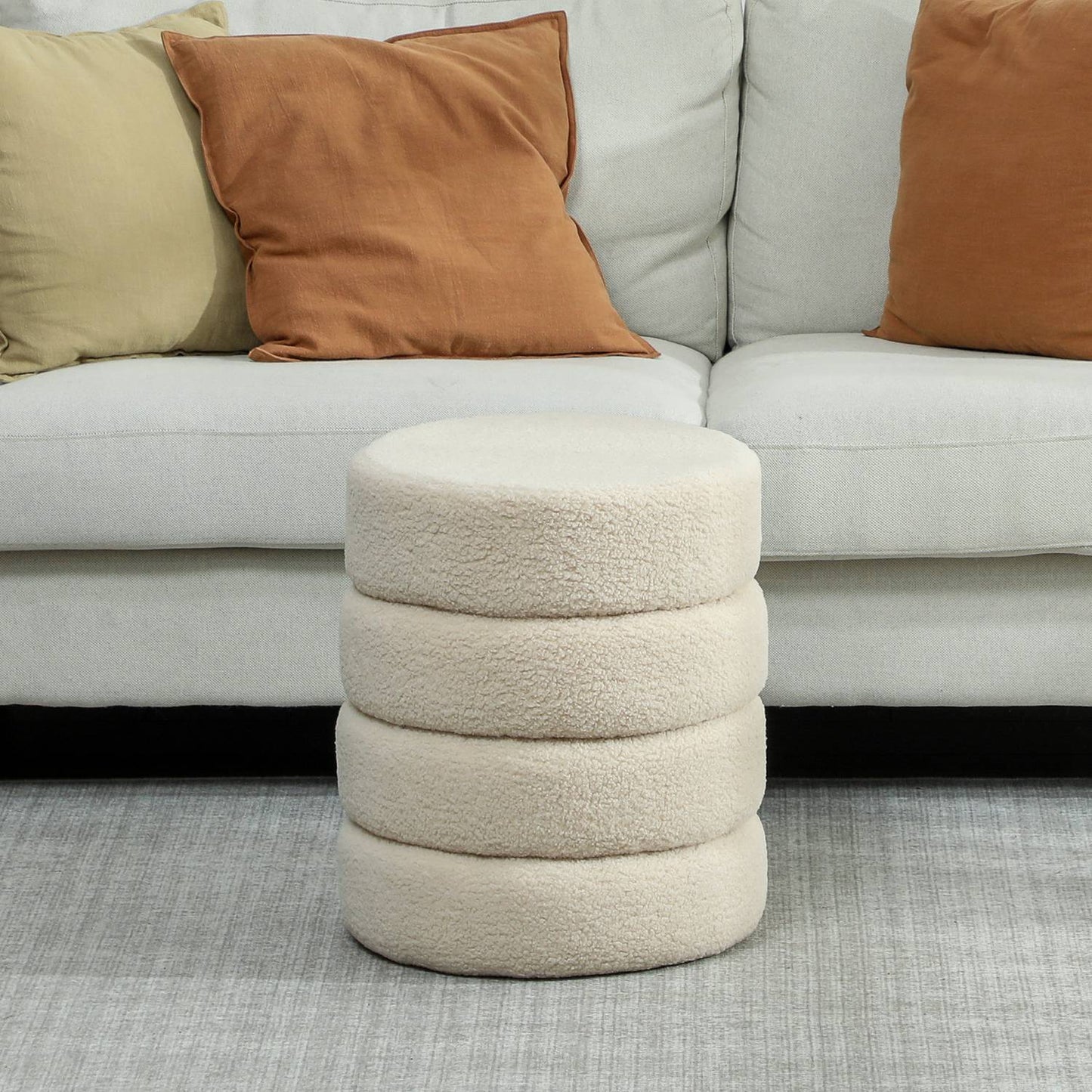 Round Ottoman, Teddy Fleece, 120kg Capacity, Beige