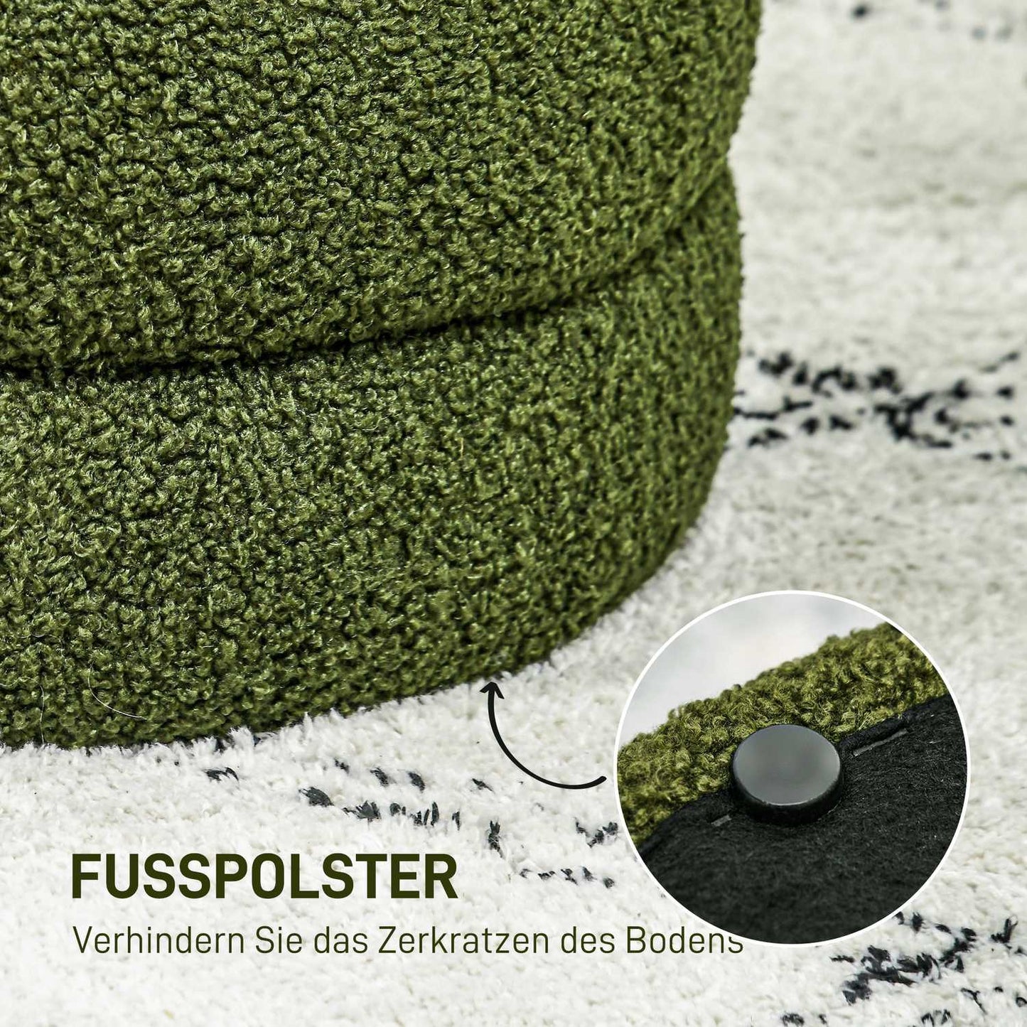 Round Ottoman, Teddy Fleece, 120kg Capacity, Green