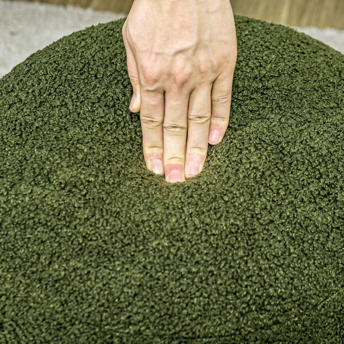 Round Ottoman, Teddy Fleece, 120kg Capacity, Green