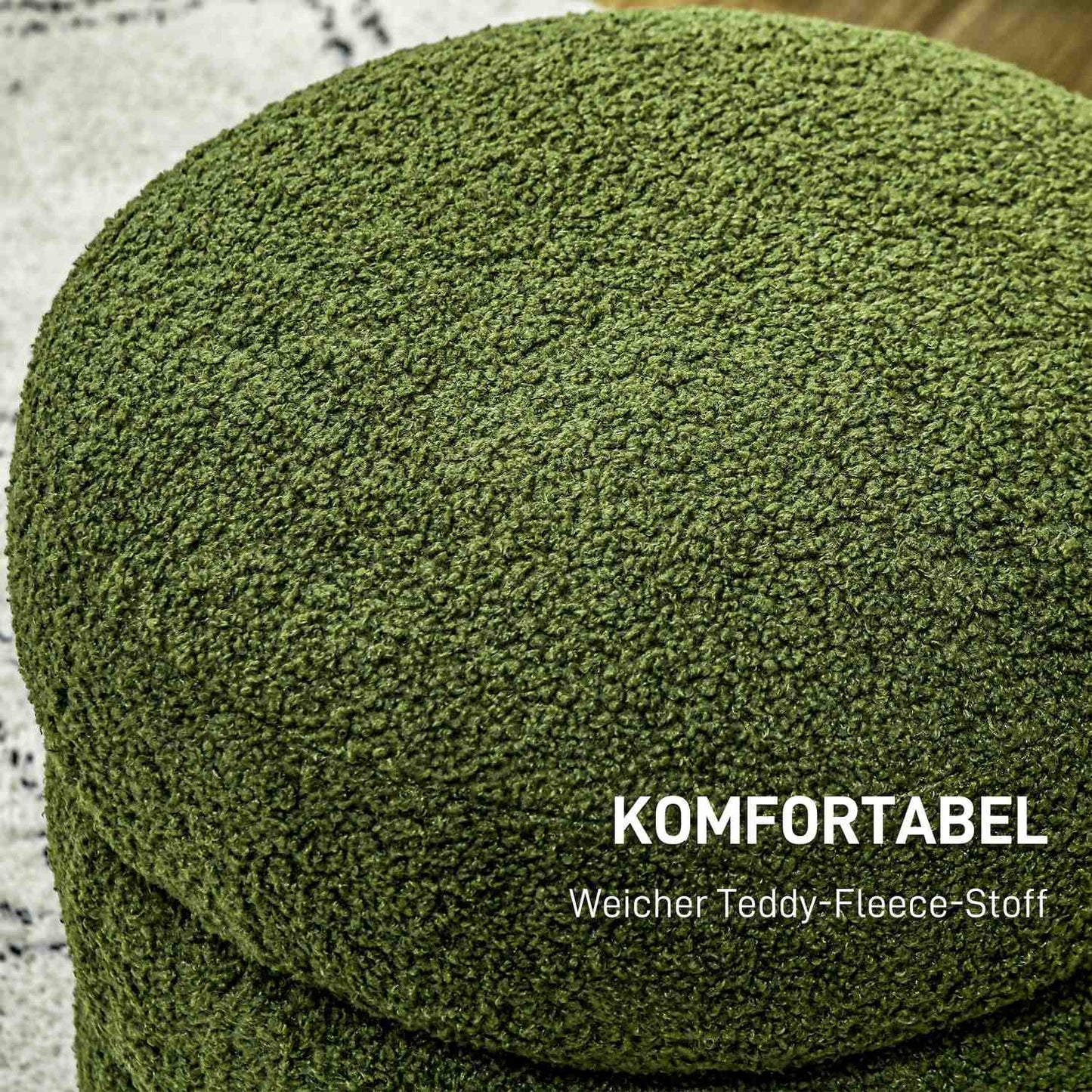Round Ottoman, Teddy Fleece, 120kg Capacity, Green