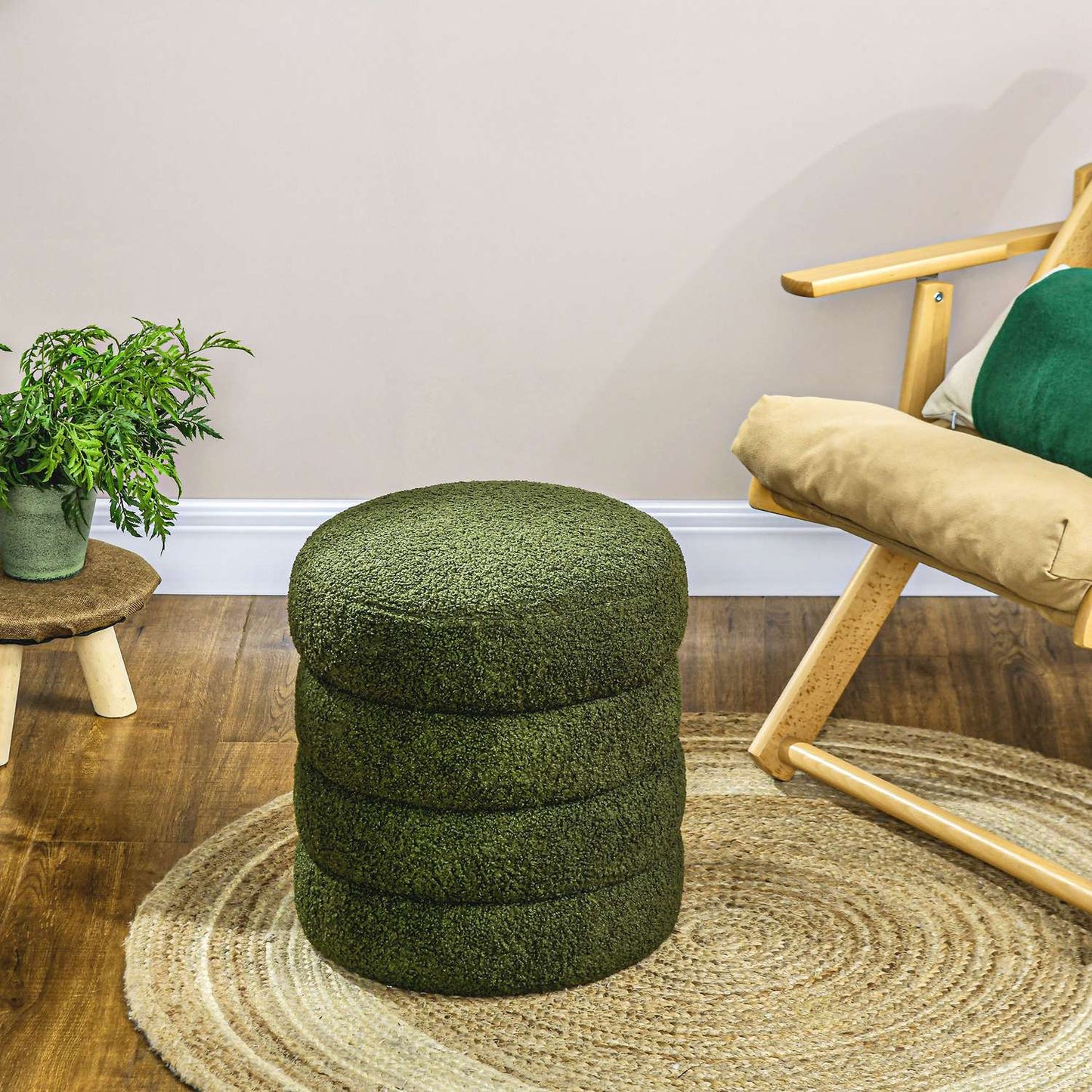 Round Ottoman, Teddy Fleece, 120kg Capacity, Green