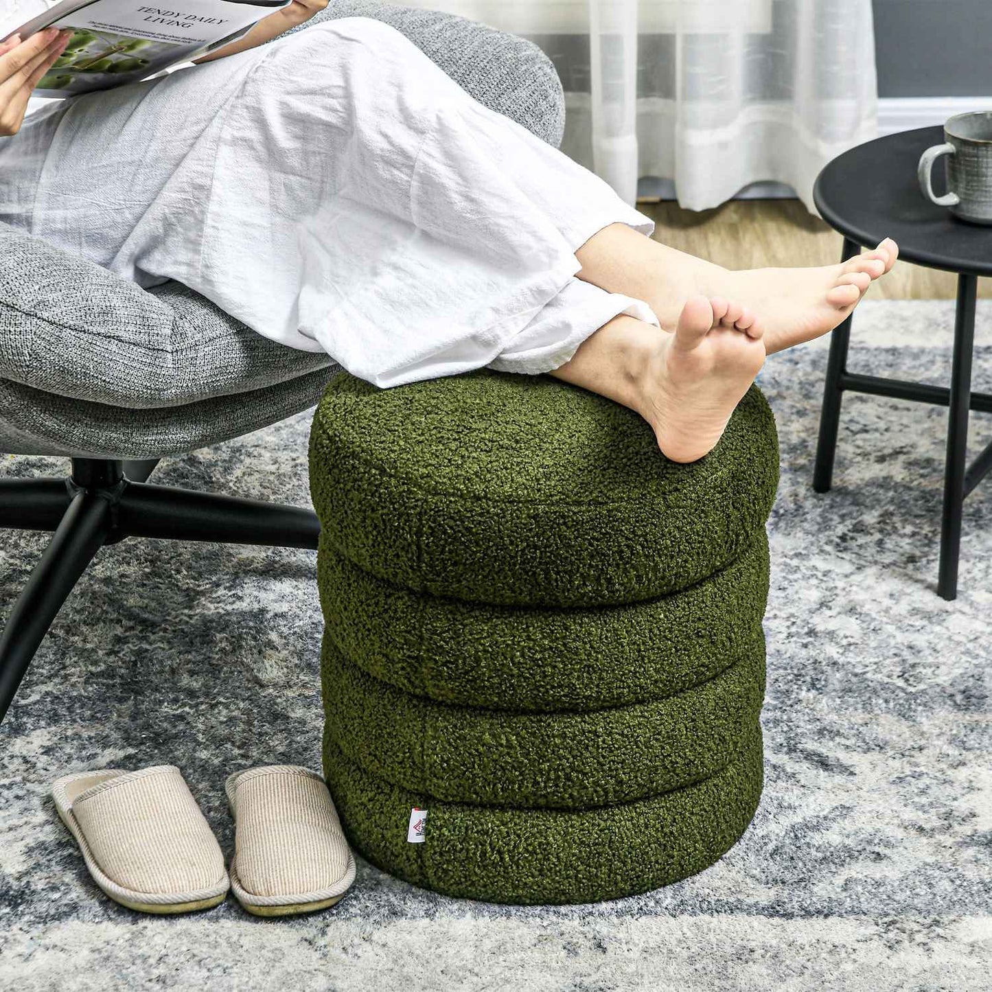 Round Ottoman, Teddy Fleece, 120kg Capacity, Green