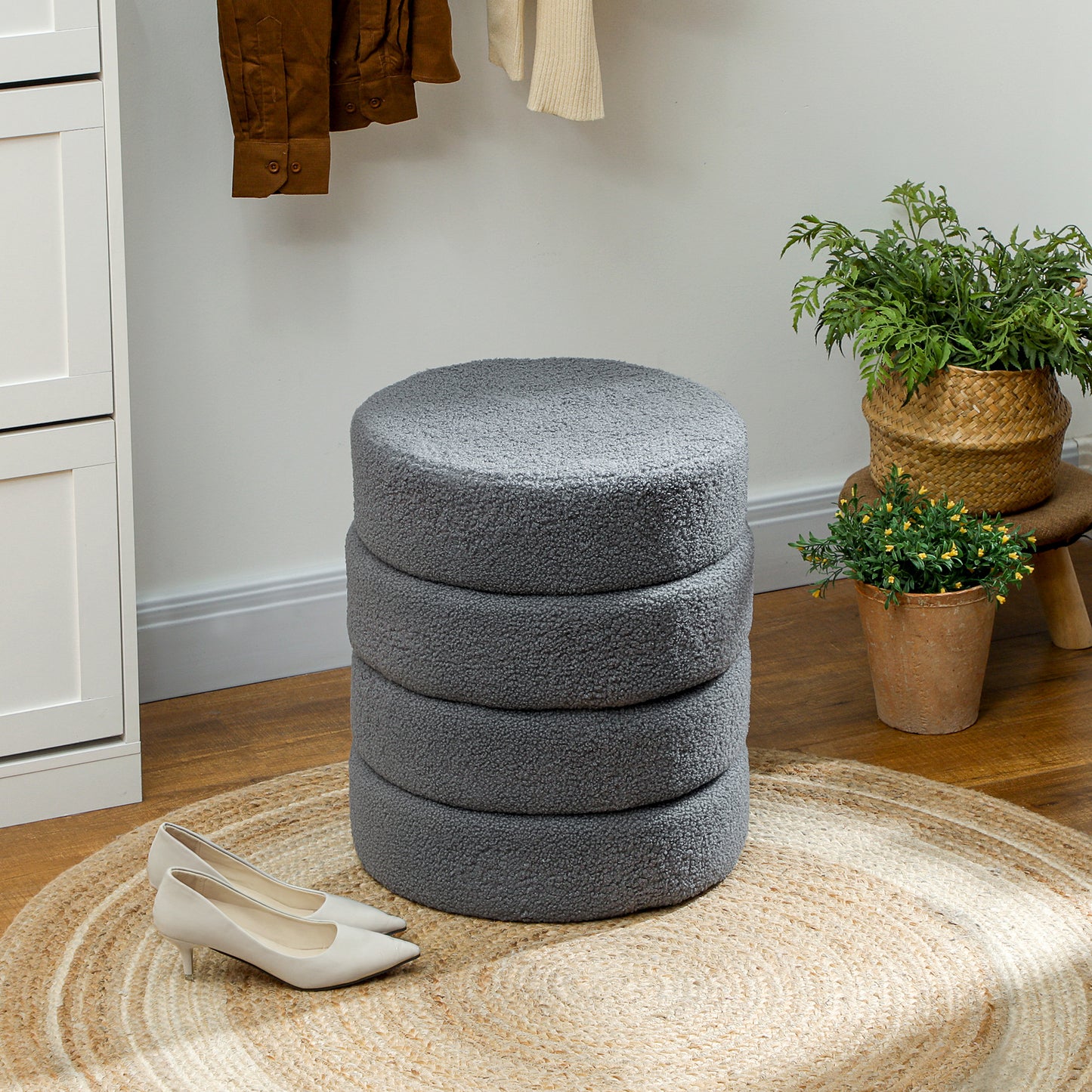 Round Ottoman, Teddy Fleece, Dark Grey, 120kg Capacity
