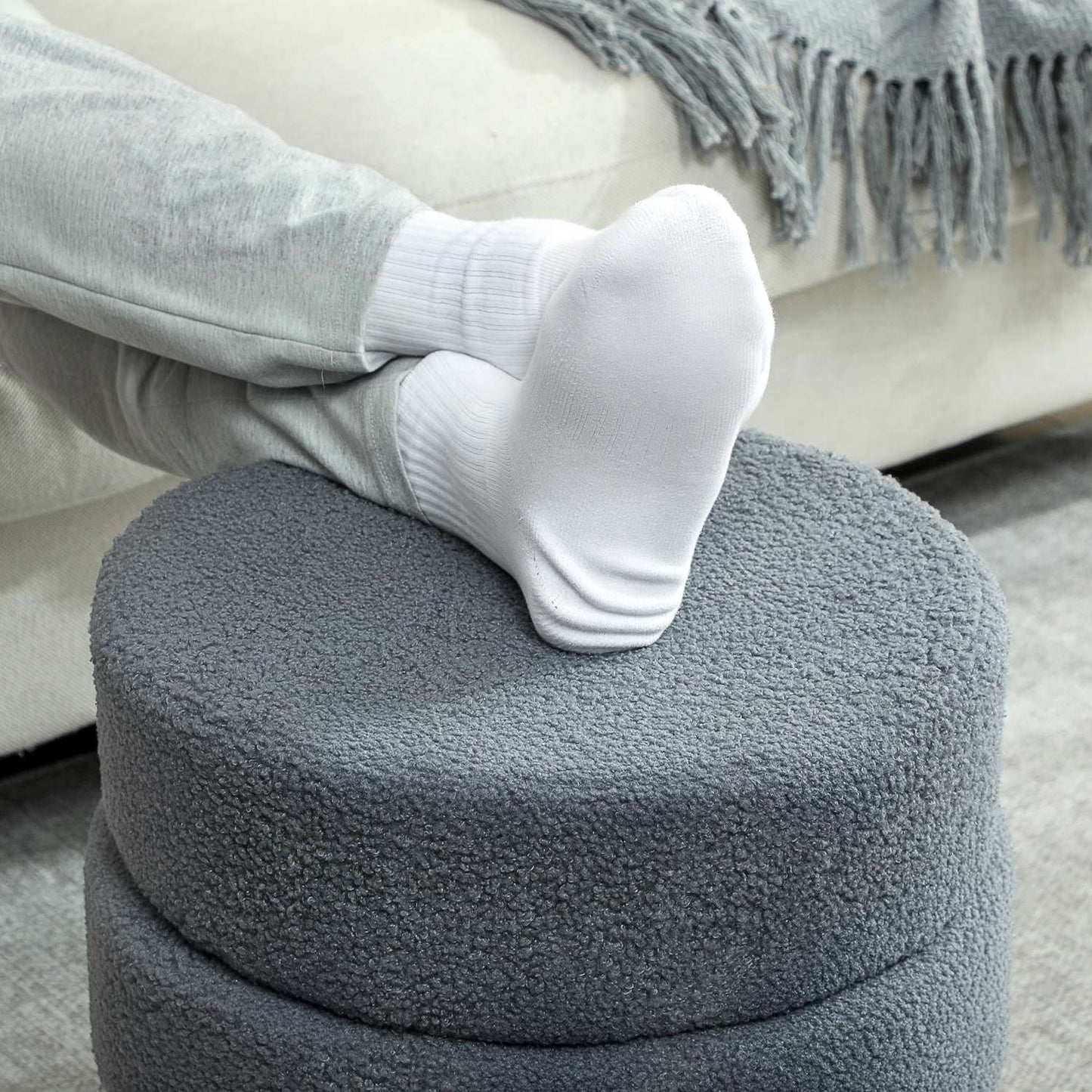 Round Ottoman, Teddy Fleece, Dark Grey, 120kg Capacity