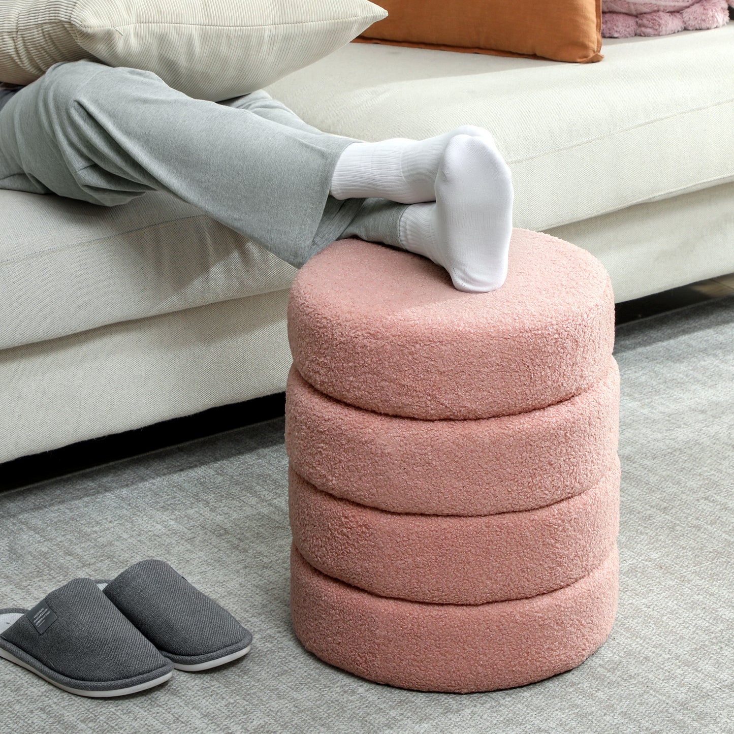 Round Ottoman, Teddy Fleece, Pink, 120kg Capacity, 40x45 cm