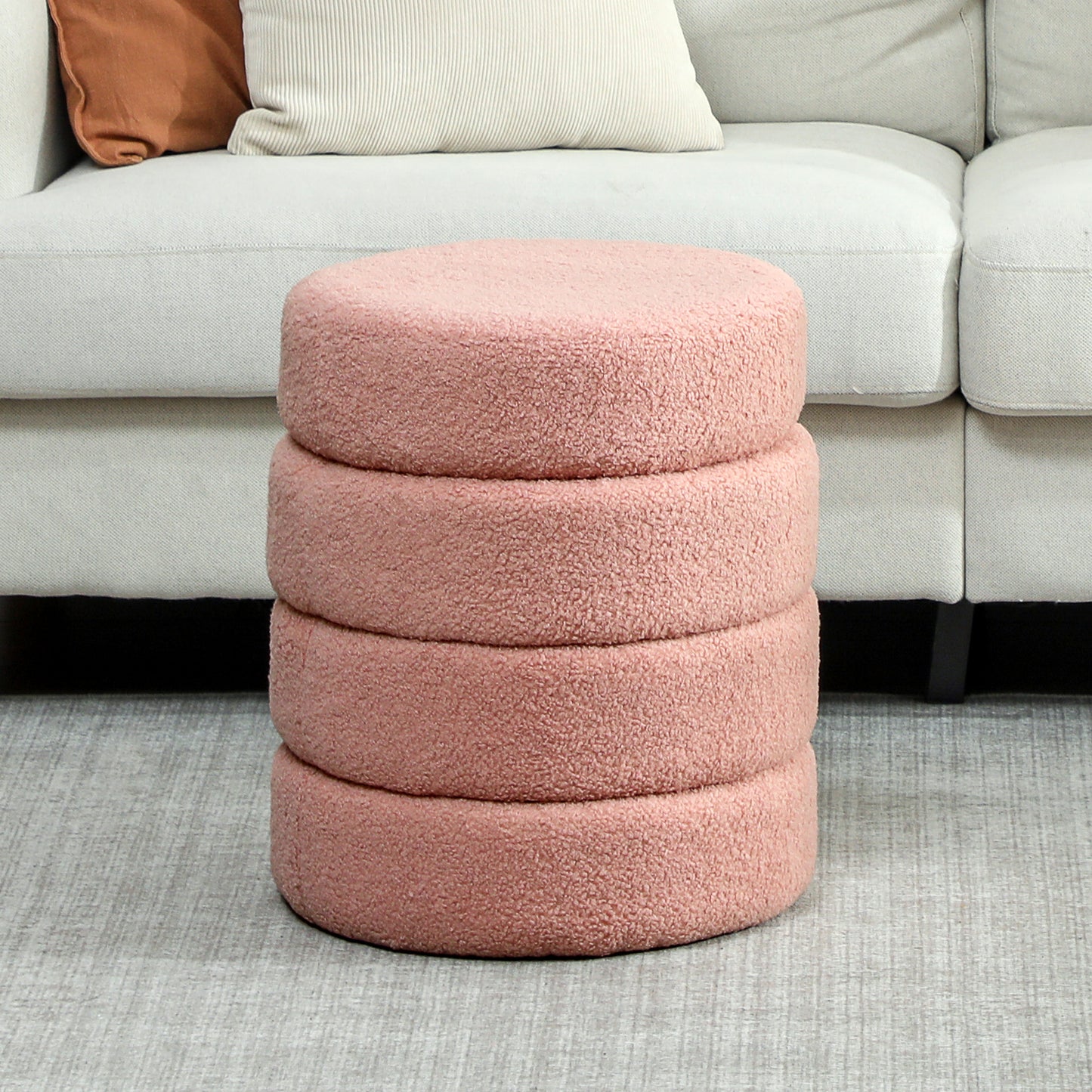 Round Ottoman, Teddy Fleece, Pink, 120kg Capacity, 40x45 cm